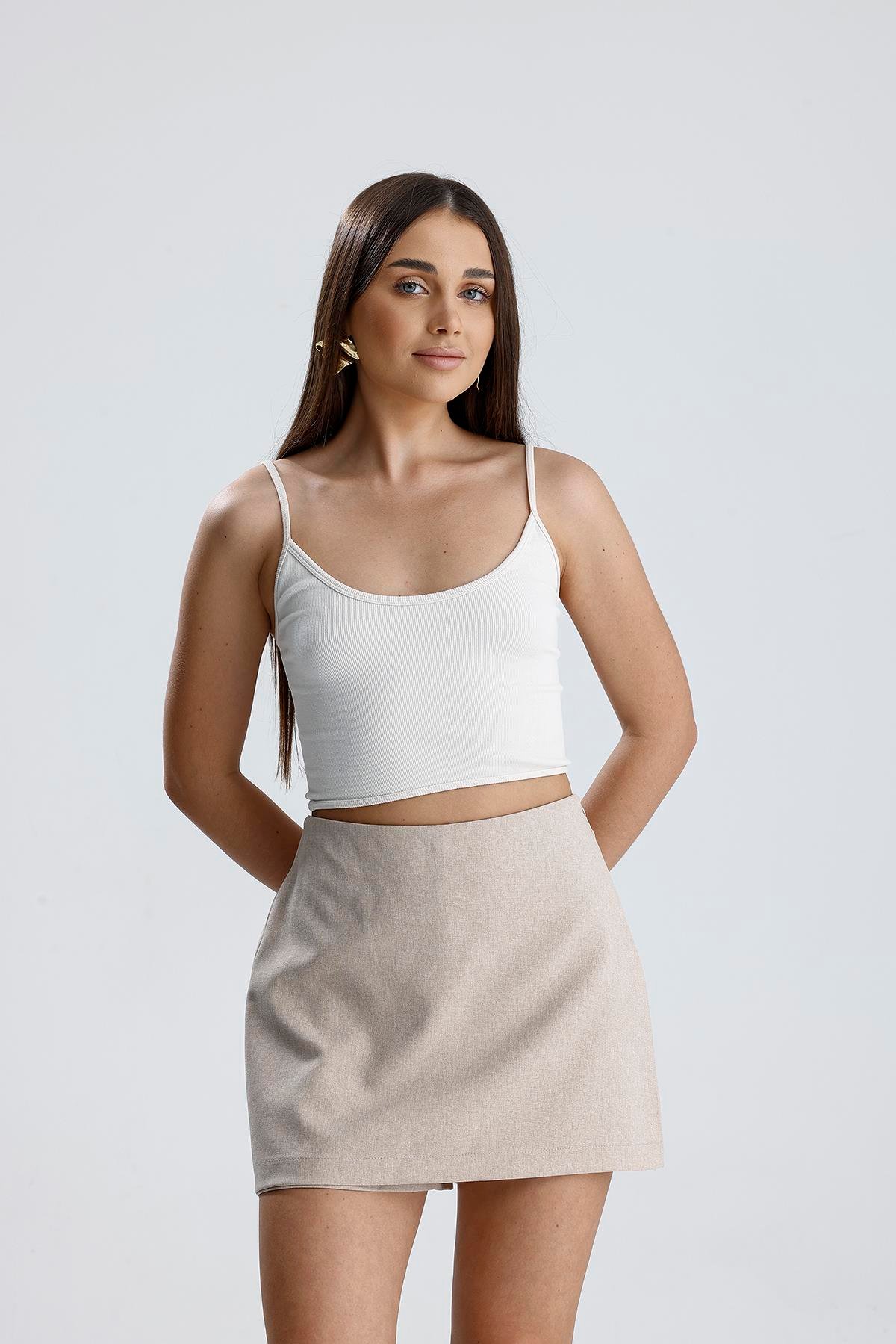 Beli Lastikli Yandan Fermuarlı Şort Etek - Bej