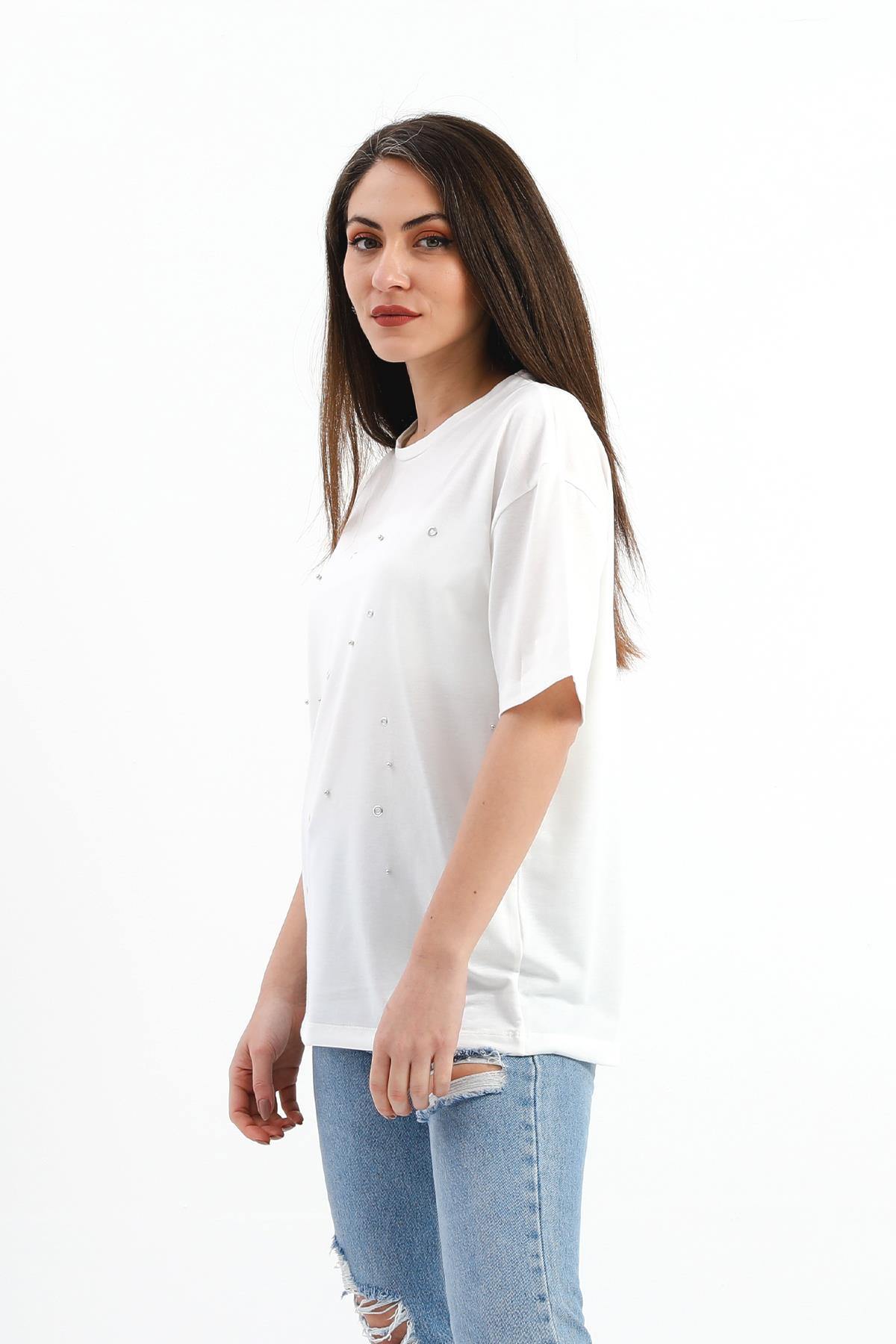 Bisiklet Yaka Halka Ve Boncuk Detaylı T-shirt - Ekru