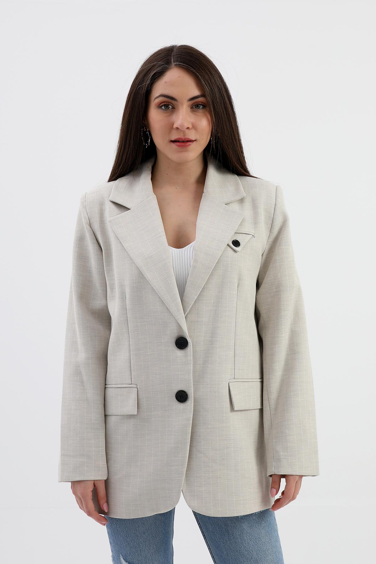 Blazer Ceket Çizgili Atlas Kumaş - Bej