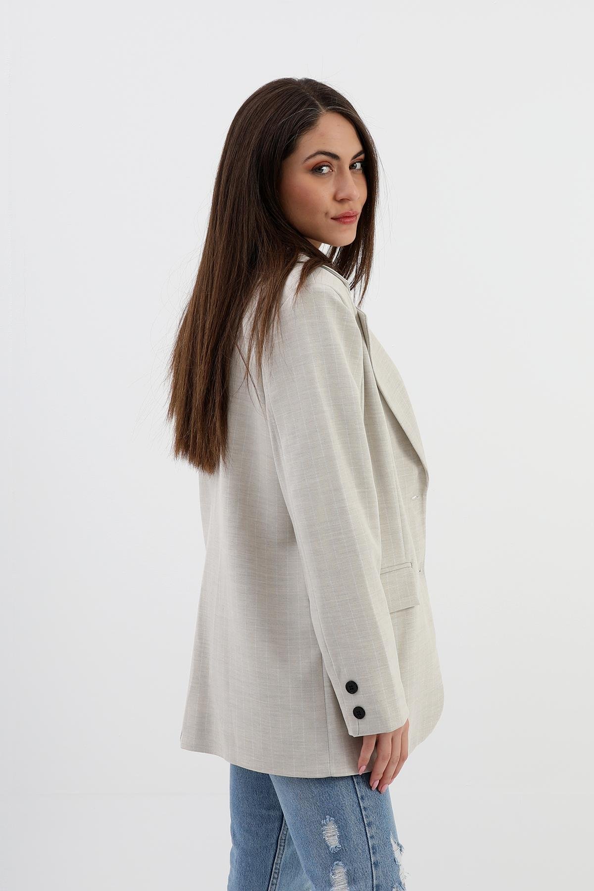 Blazer Ceket Çizgili Atlas Kumaş - Bej