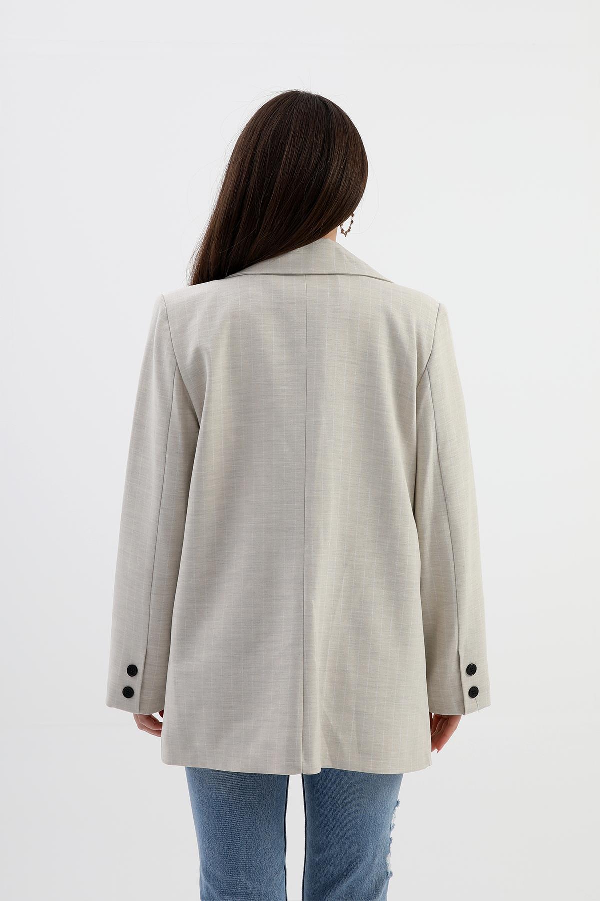 Blazer Ceket Çizgili Atlas Kumaş - Bej