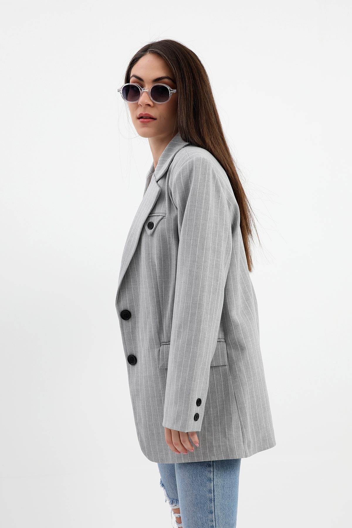 Blazer Ceket Çizgili Atlas Kumaş - Gri