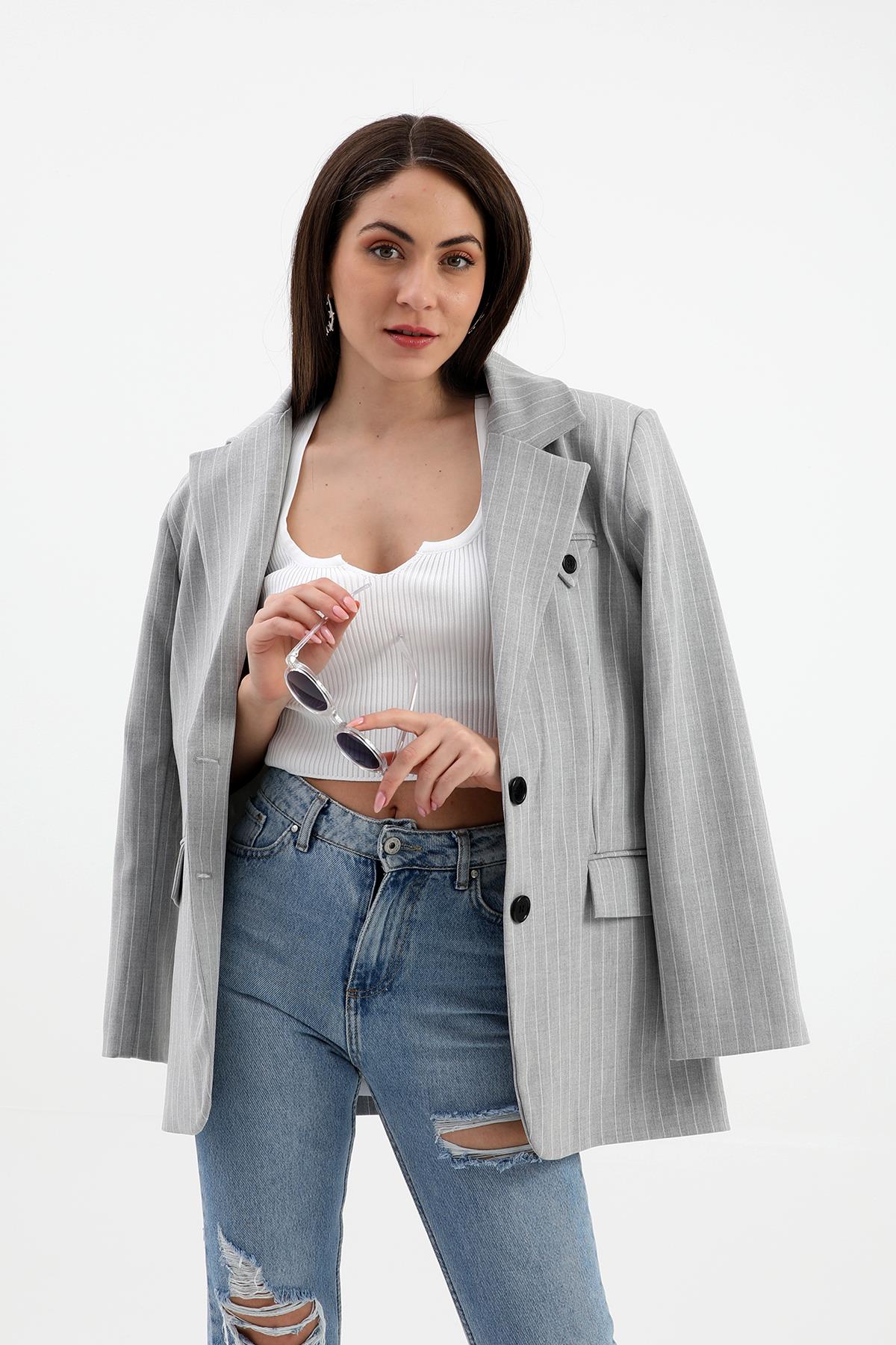 Blazer Ceket Çizgili Atlas Kumaş - Gri