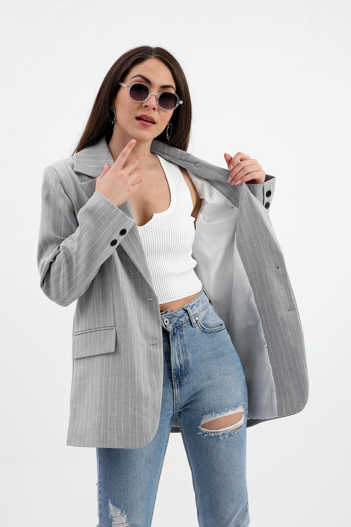 Blazer Ceket Çizgili Atlas Kumaş - Gri