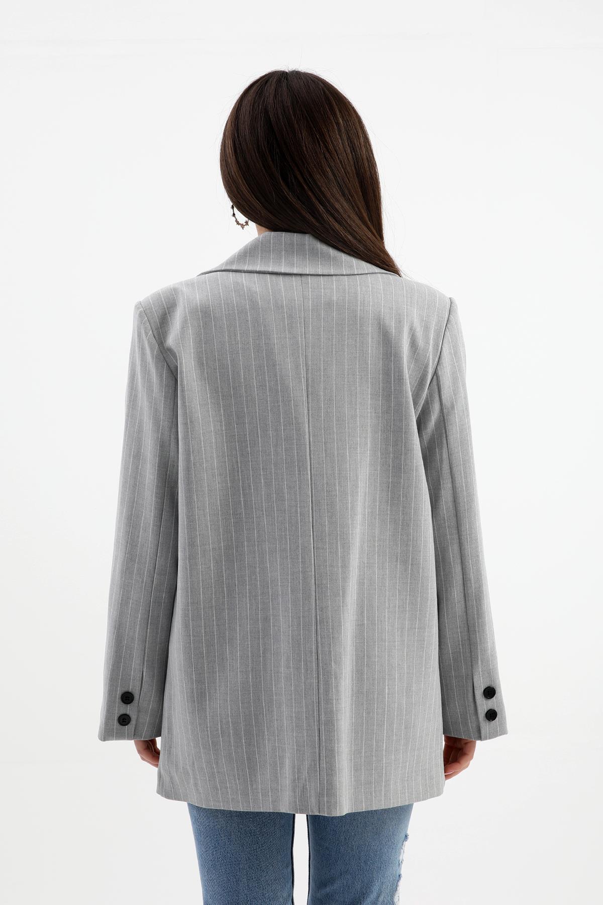 Blazer Ceket Çizgili Atlas Kumaş - Gri