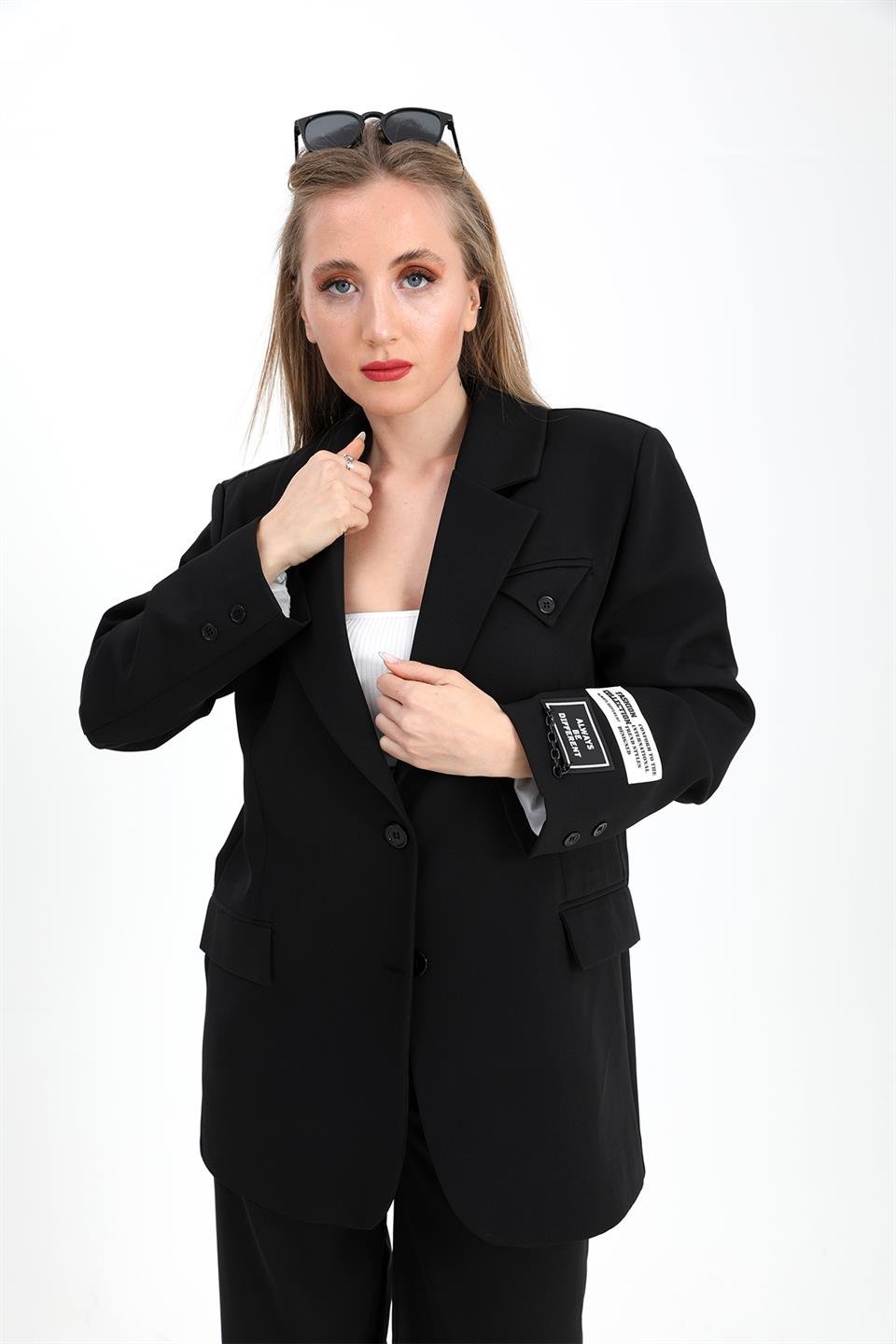 Blazer Ceket Kolu Arma Detaylı - Siyah