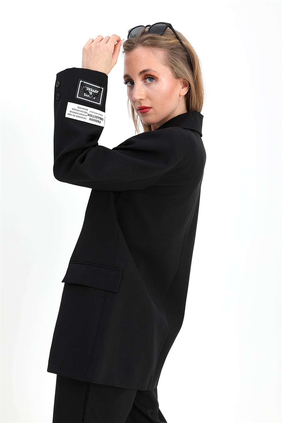 Blazer Ceket Kolu Arma Detaylı - Siyah