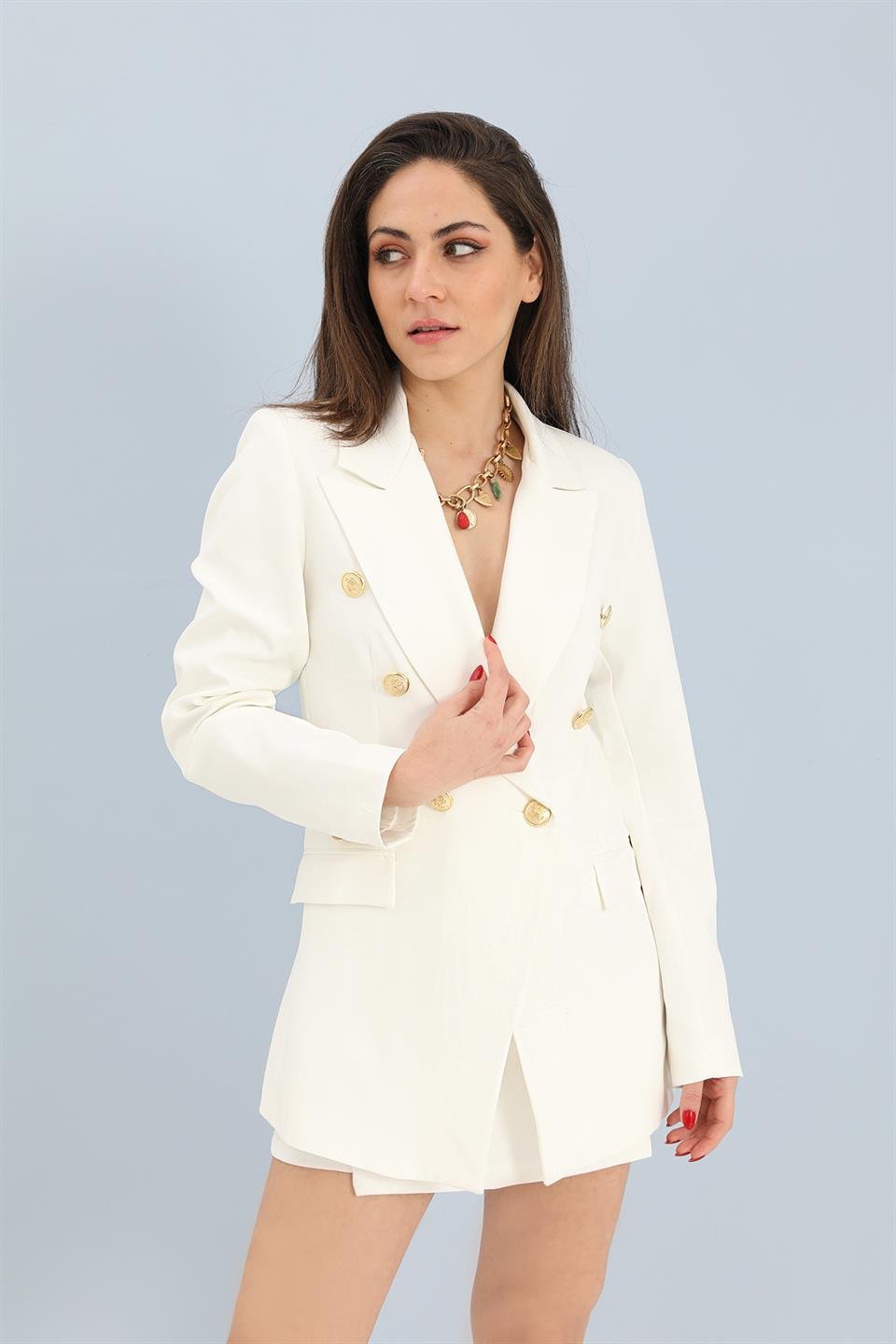 Blazer Fleto Cepli Atlas Kumaş Ceket - Ekru