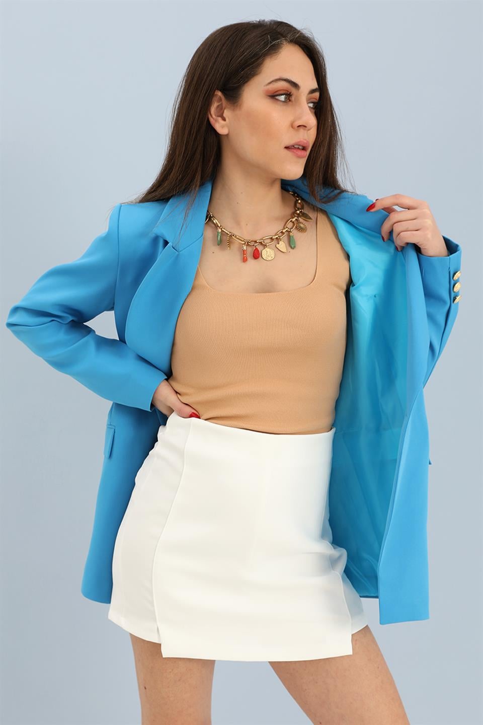 Blazer Fleto Cepli Atlas Kumaş Ceket - Mavi