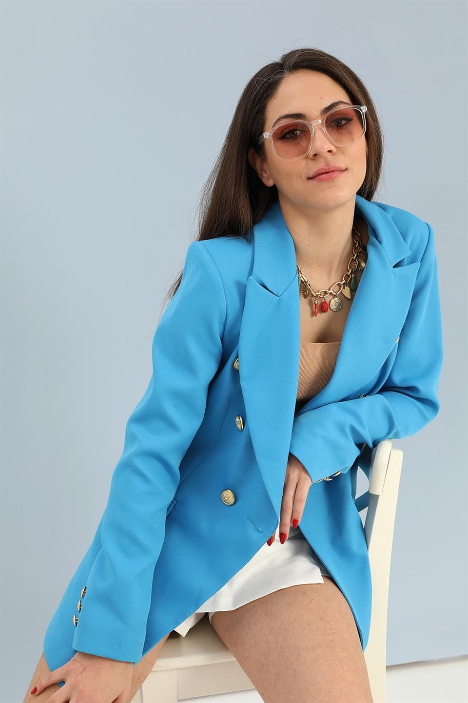 Blazer Fleto Cepli Atlas Kumaş Ceket - Mavi