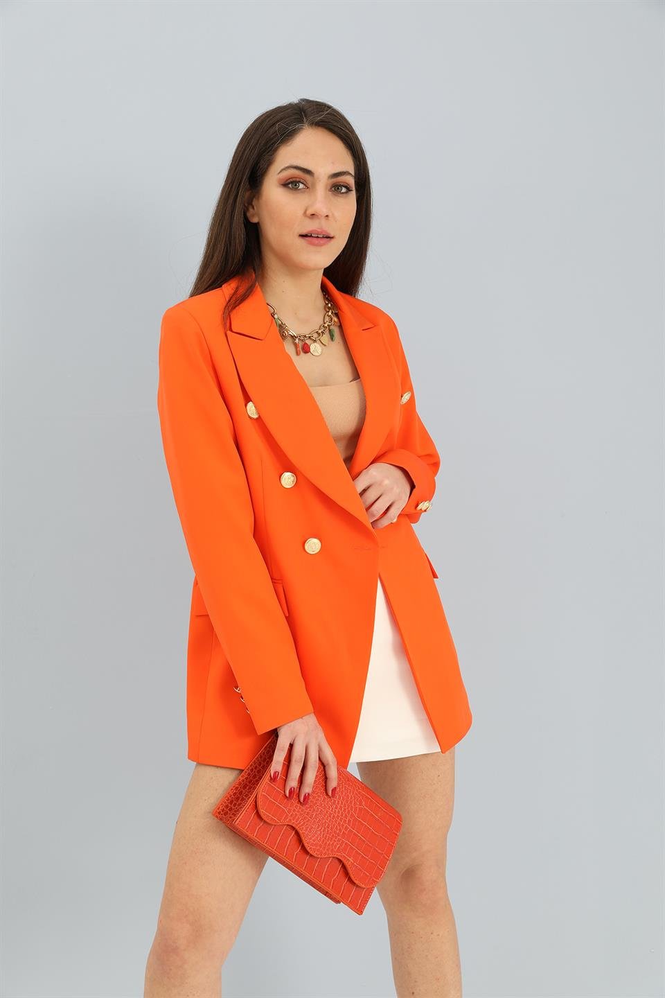 Blazer Fleto Cepli Atlas Kumaş Ceket - Turuncu