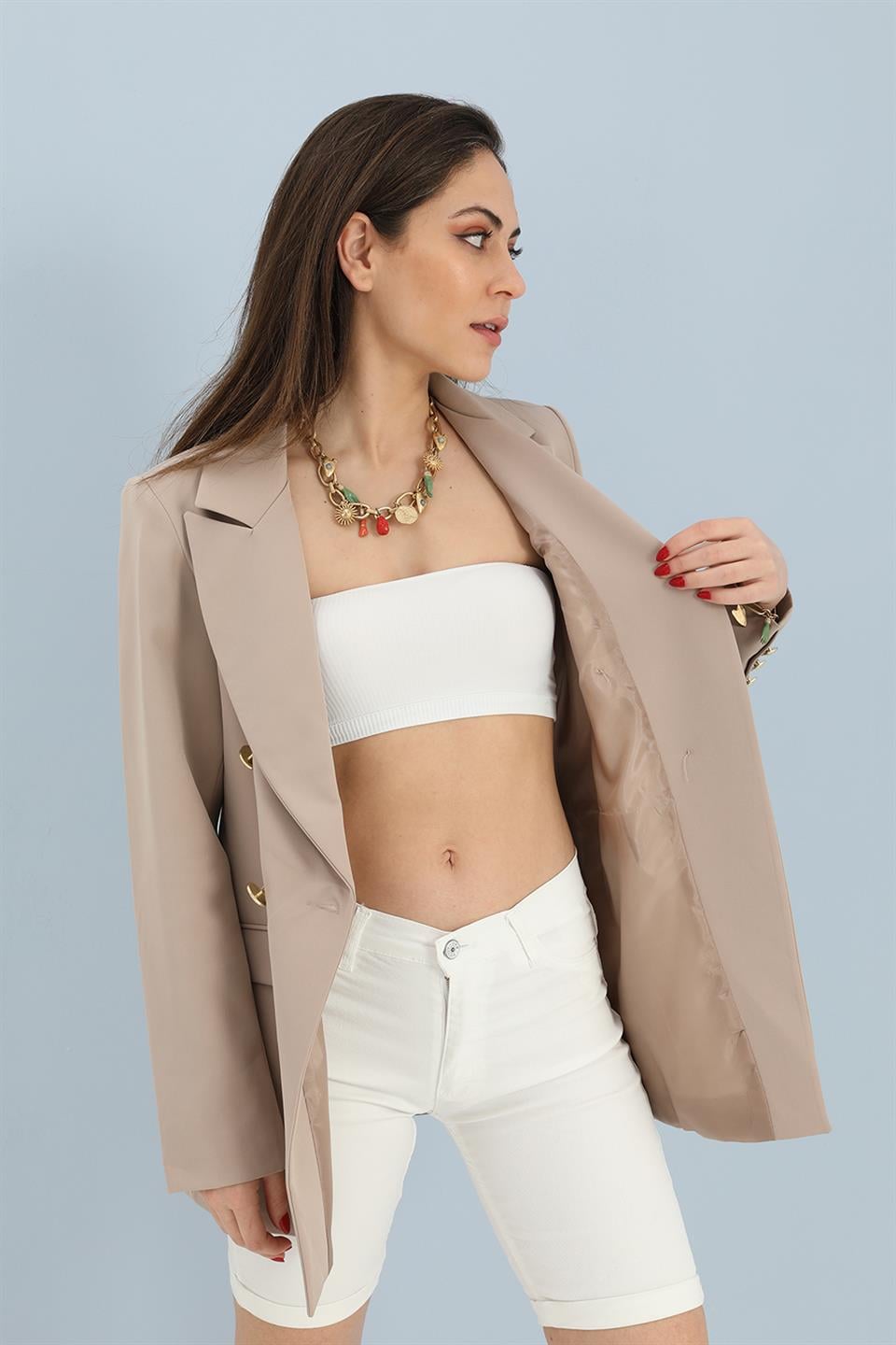 Blazer Fleto Cepli Atlas Kumaş Ceket - Taş