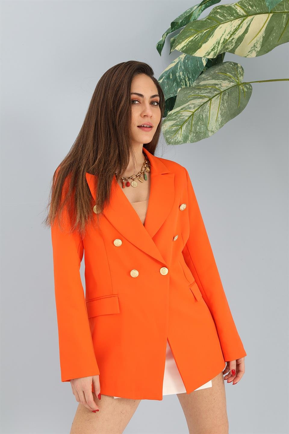 Blazer Fleto Cepli Atlas Kumaş Ceket - Turuncu