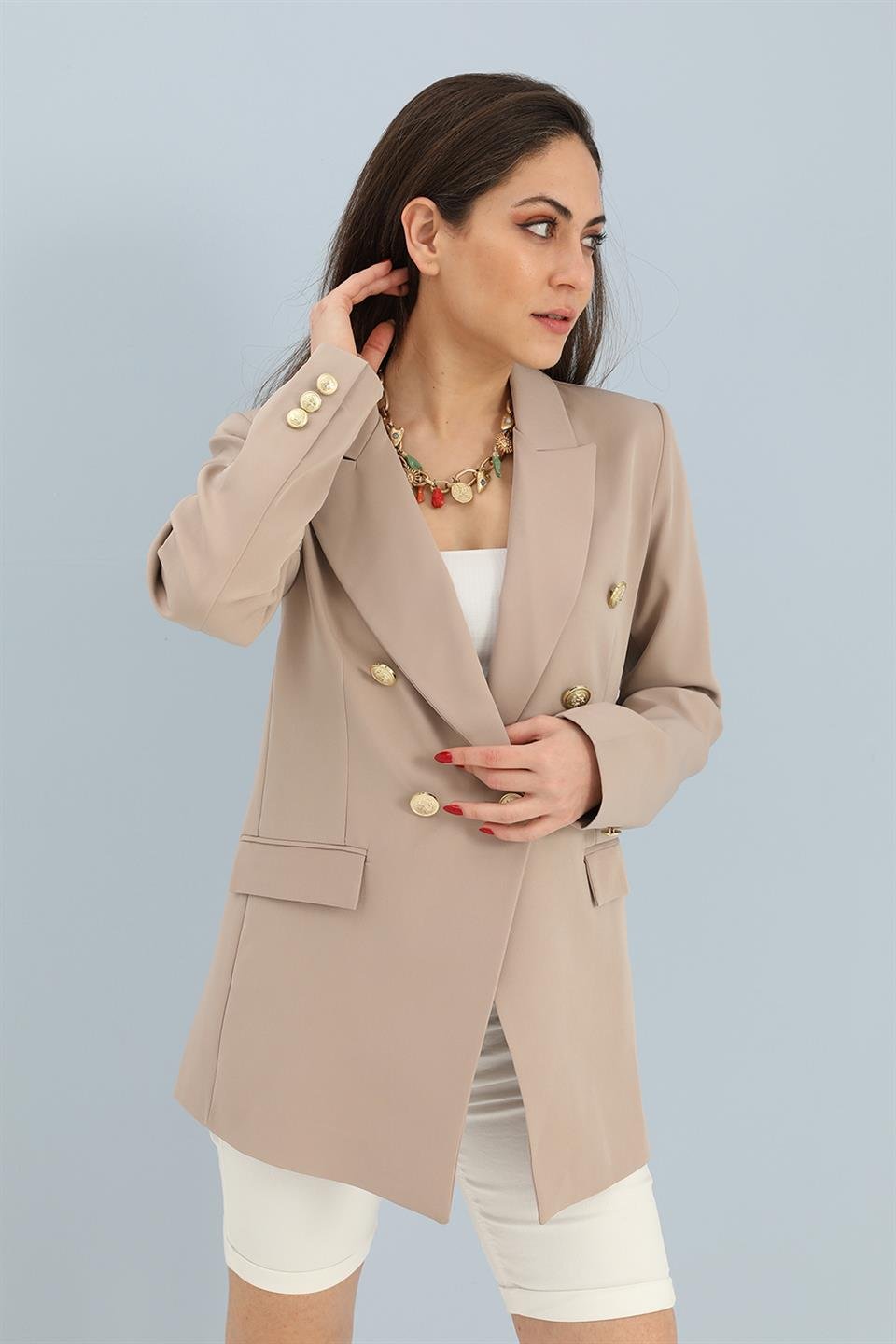 Blazer Fleto Cepli Atlas Kumaş Ceket - Taş