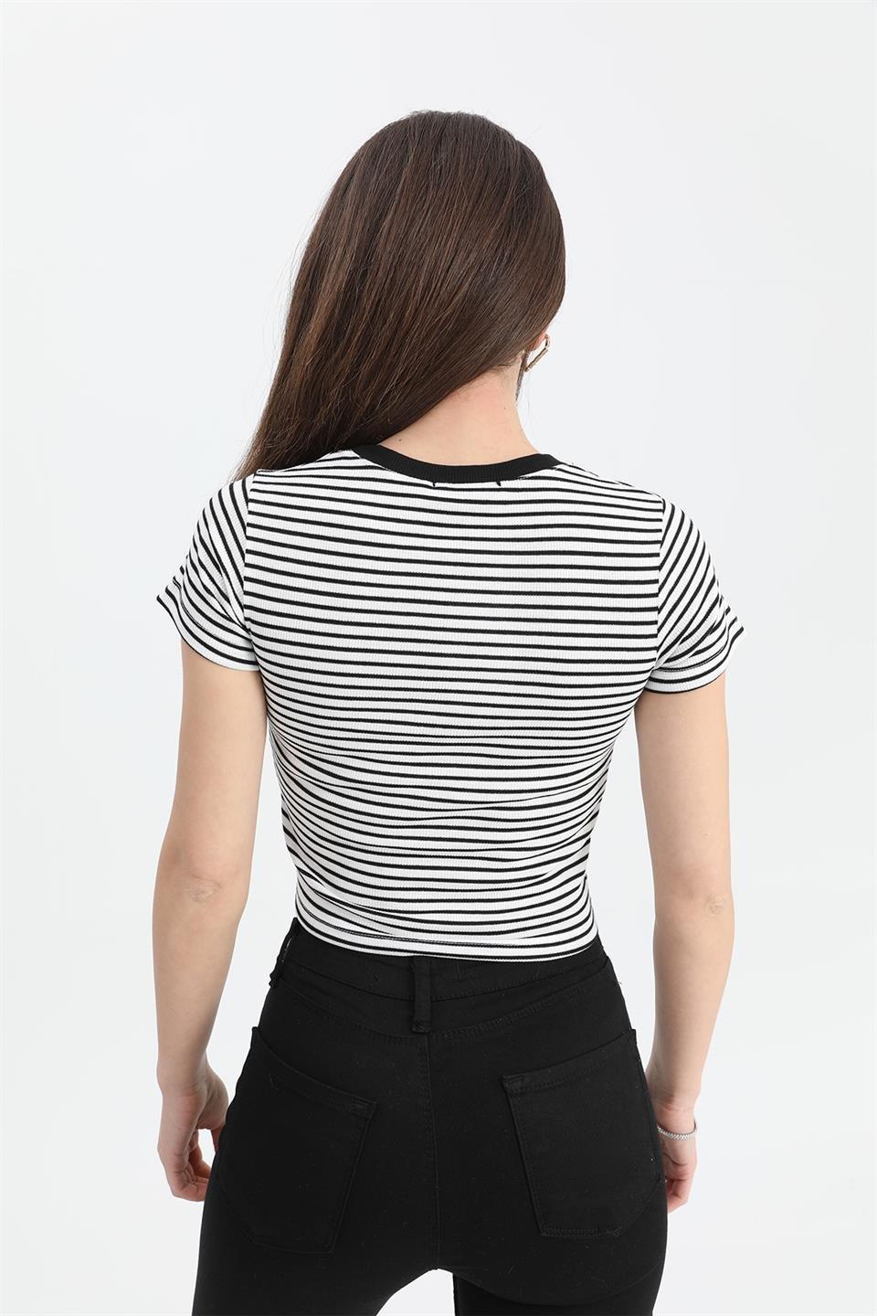 Bluz Bisiklet Yaka Çizgili Kaşkorse - Ekru