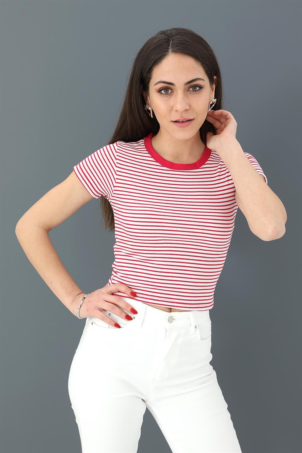 Bluz Bisiklet Yaka Çizgili Kaşkorse - Mürdüm