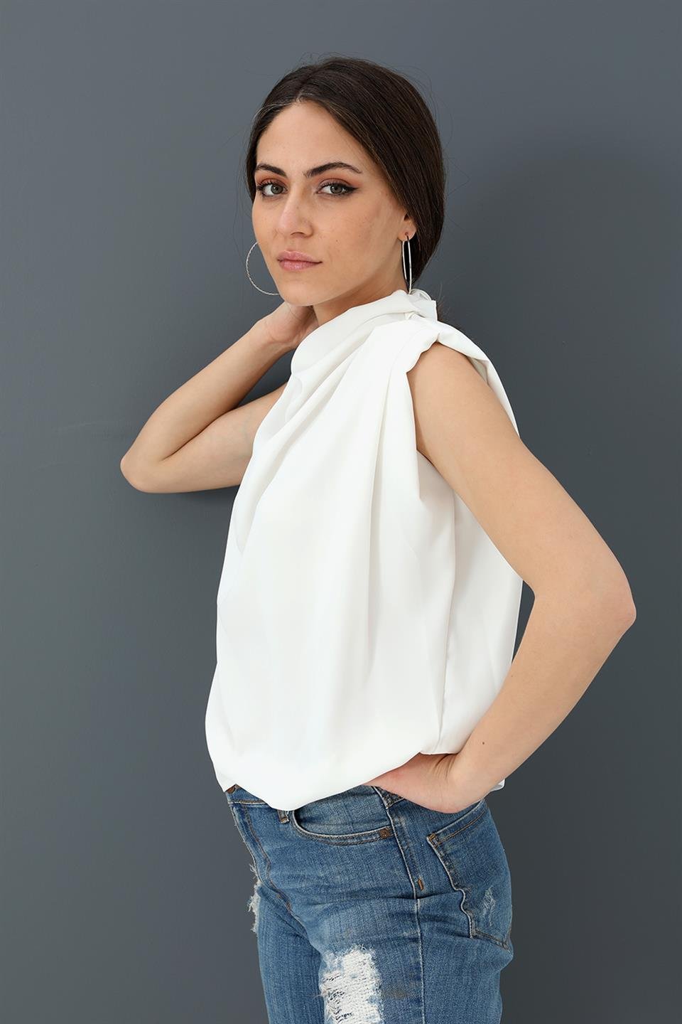 Bluz Kolsuz Degaje Yaka - Ekru