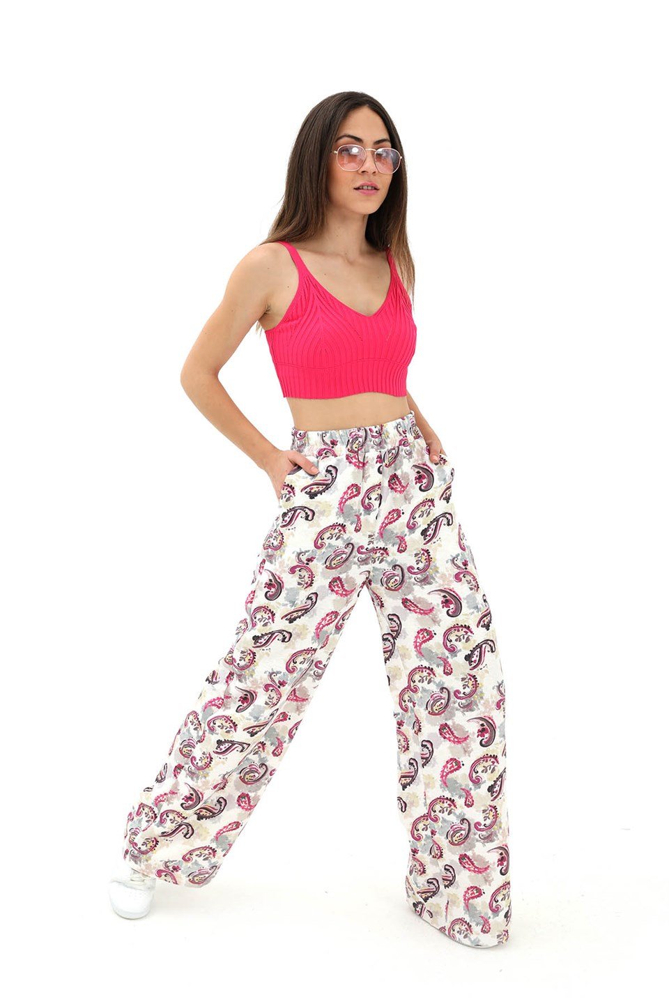 Bol Paça Renkli Baskı Keten Pantolon - Fuşya