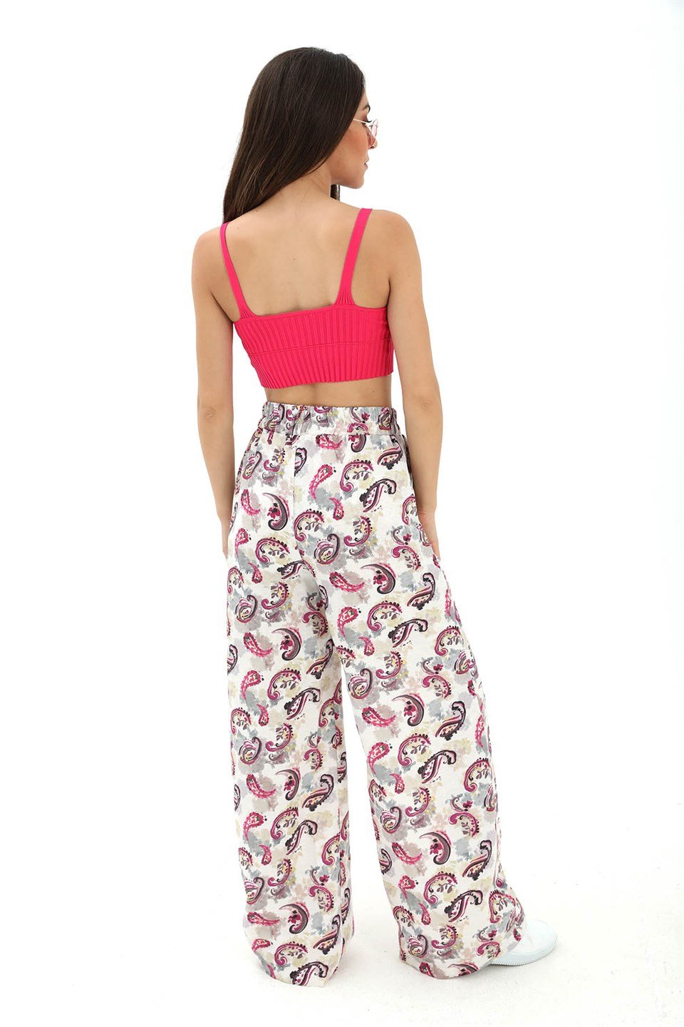 Bol Paça Renkli Baskı Keten Pantolon - Fuşya