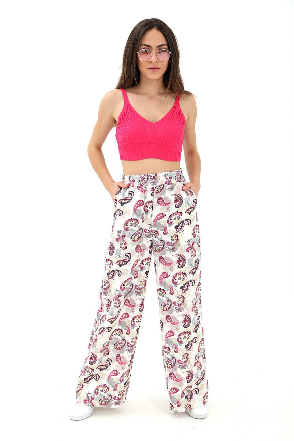 Bol Paça Renkli Baskı Keten Pantolon - Fuşya