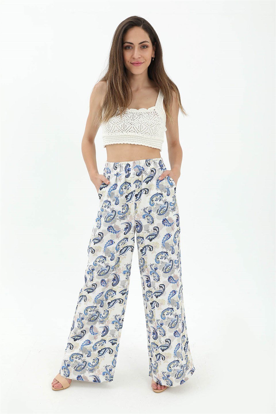 Bol Paça Renkli Baskı Keten Pantolon - Mavi