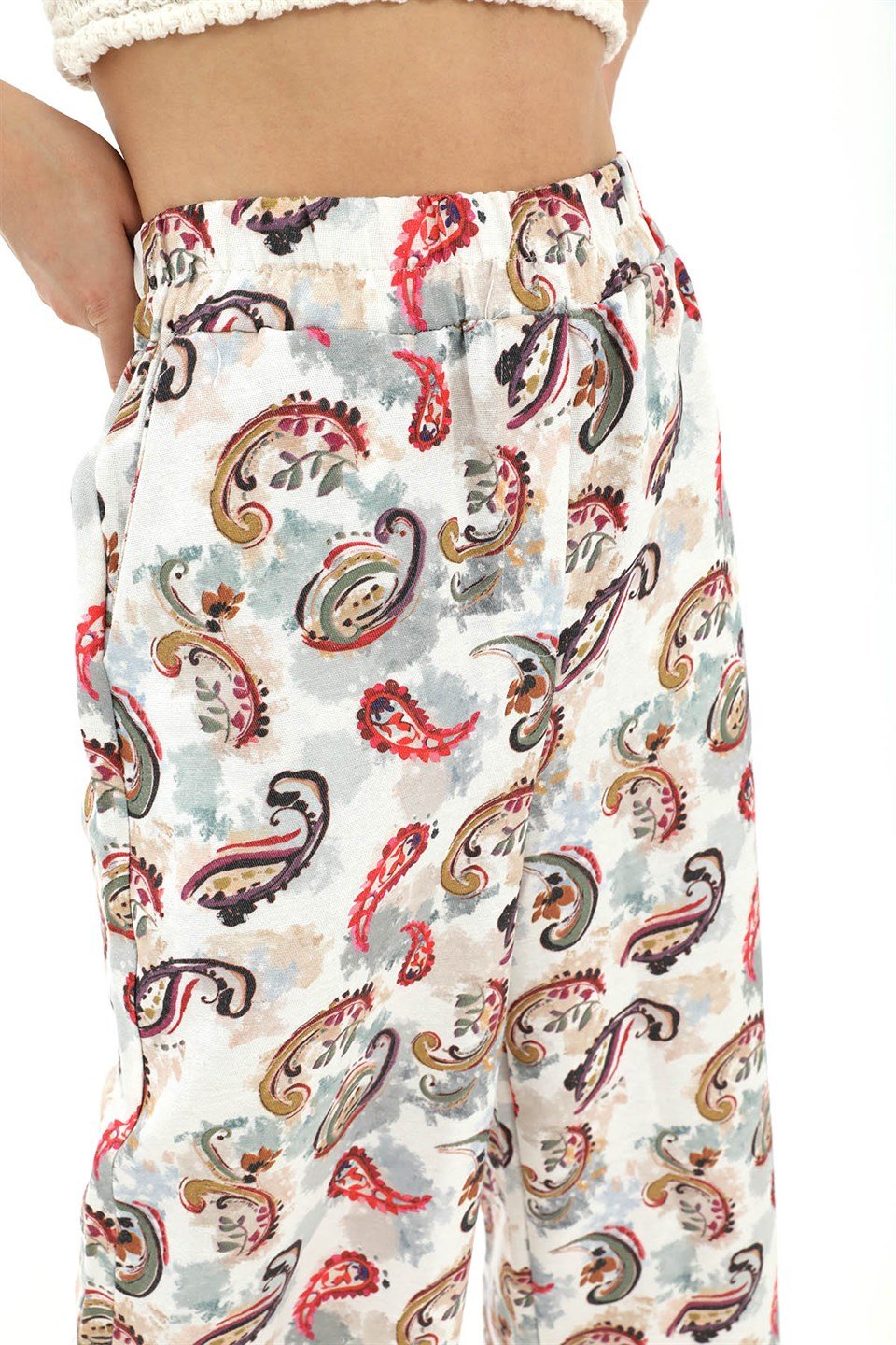 Bol Paça Renkli Baskı Keten Pantolon - Mint Yeşili