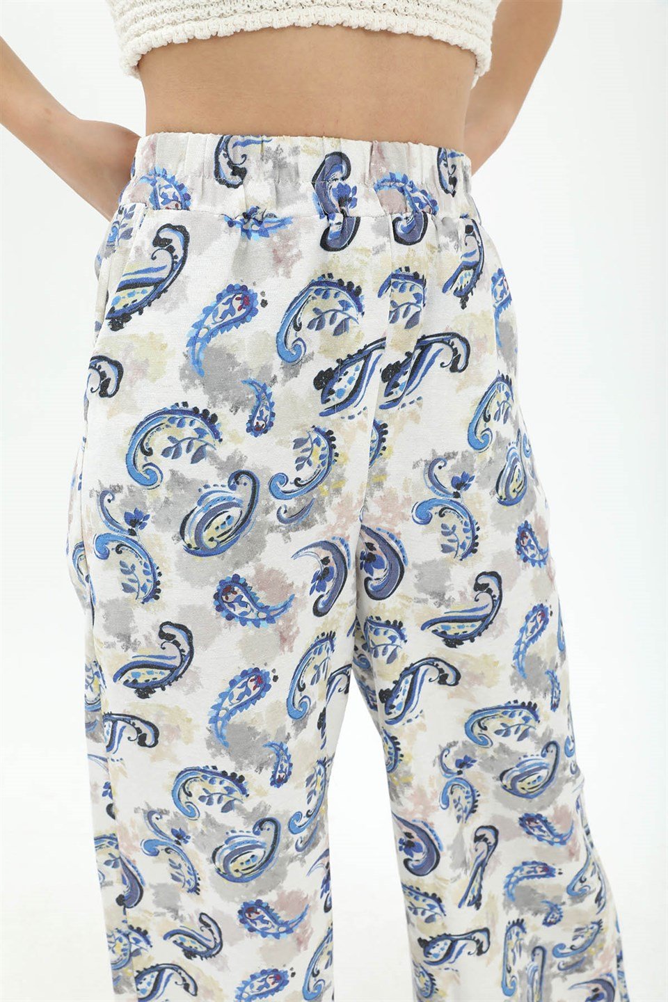 Bol Paça Renkli Baskı Keten Pantolon - Mavi