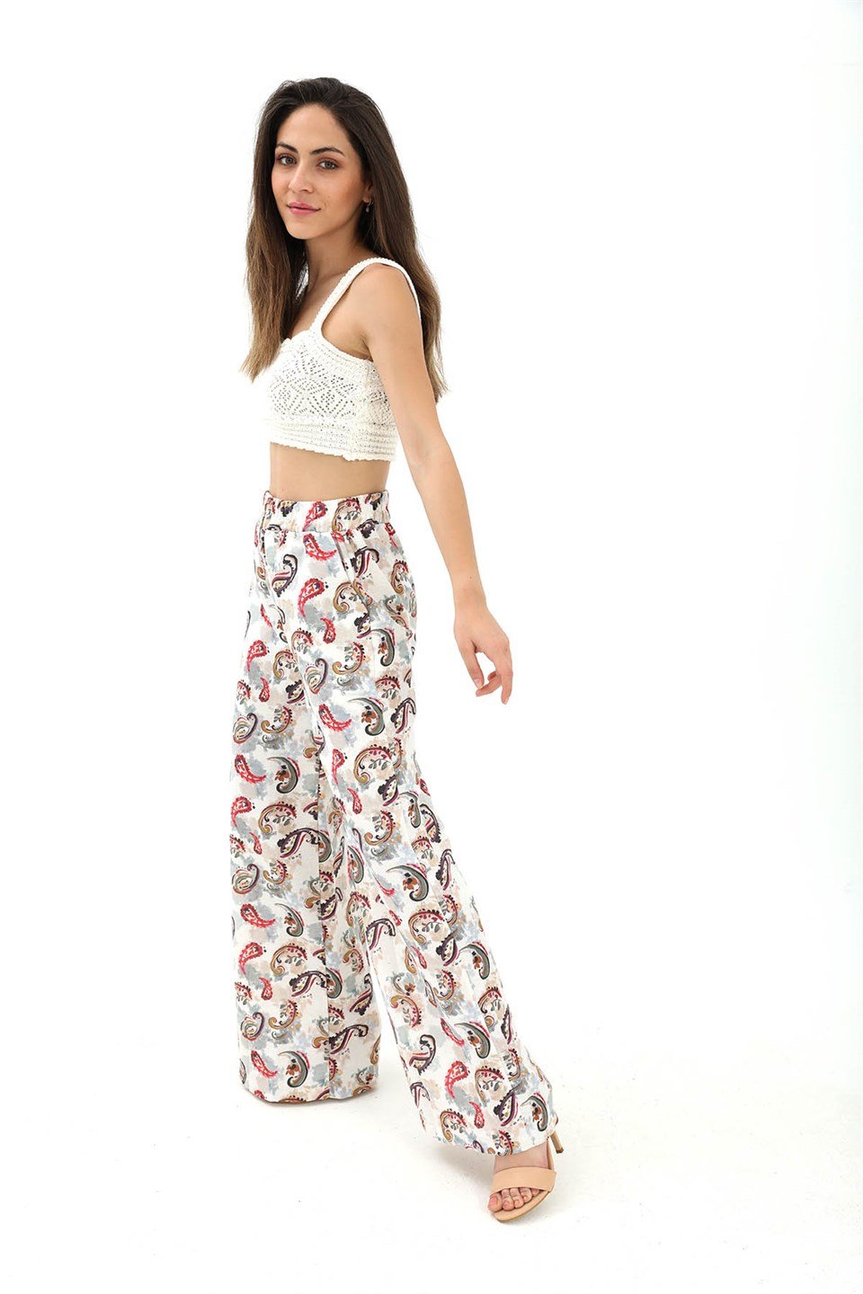 Bol Paça Renkli Baskı Keten Pantolon - Mint Yeşili