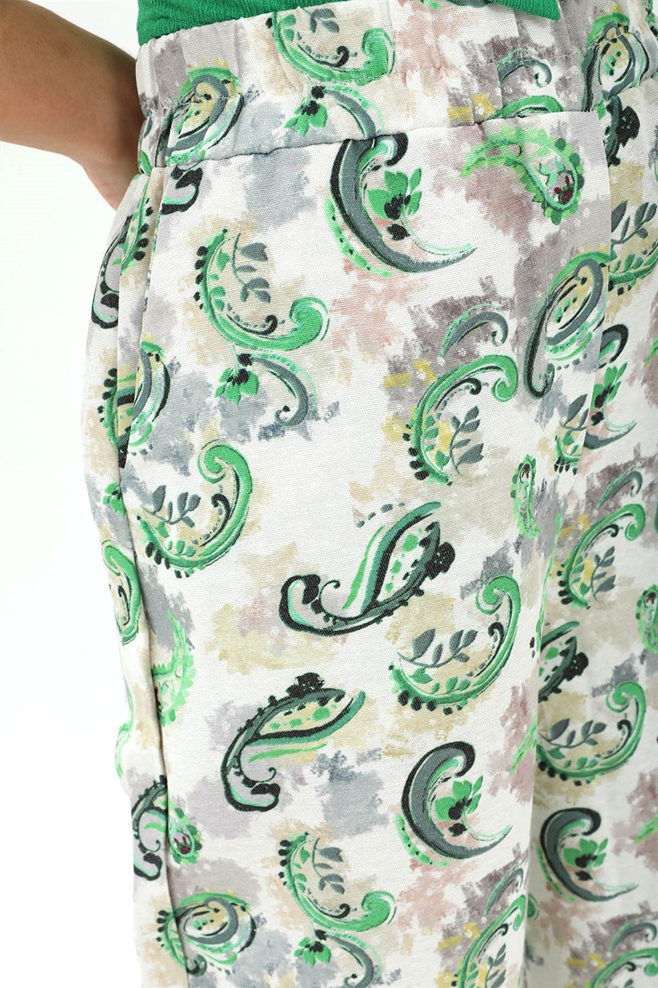 Bol Paça Renkli Baskı Keten Pantolon - Yeşil