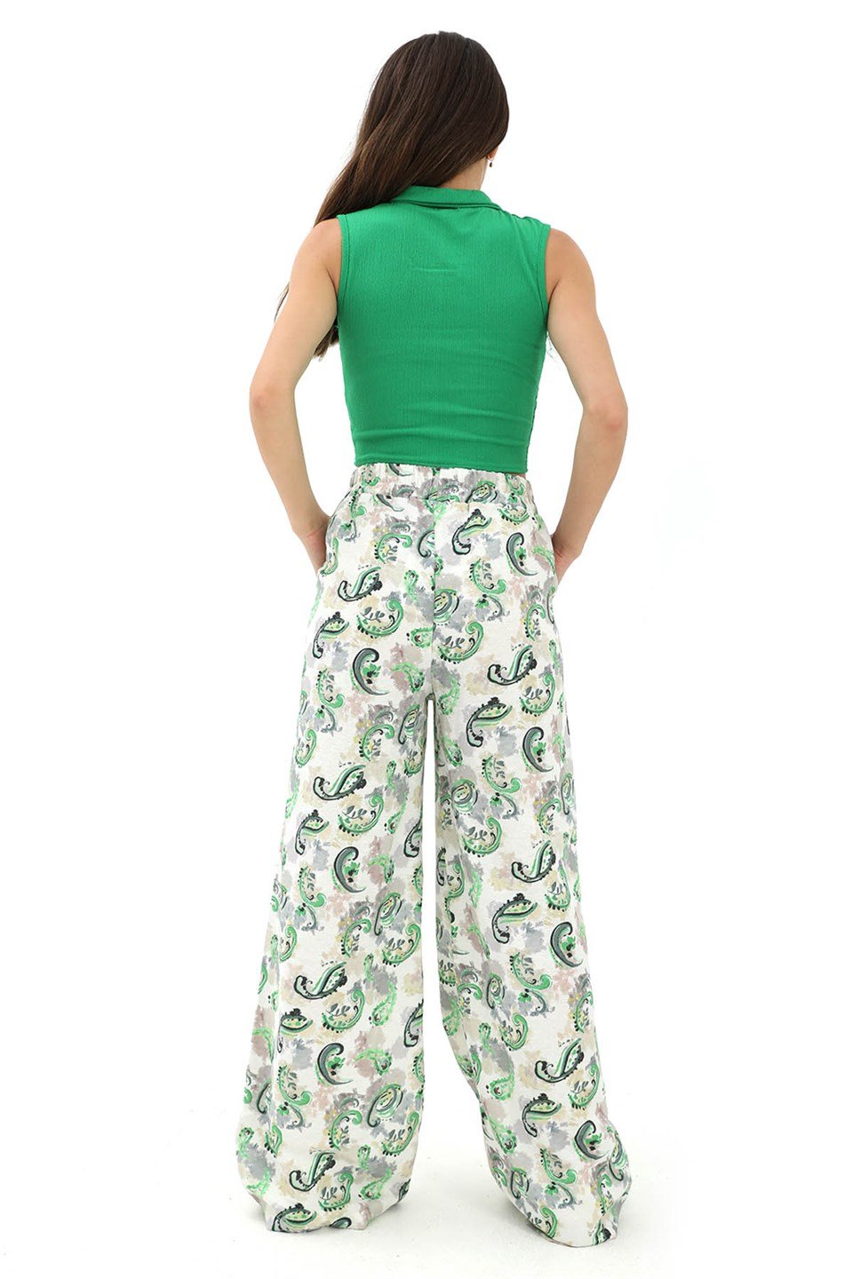 Bol Paça Renkli Baskı Keten Pantolon - Yeşil