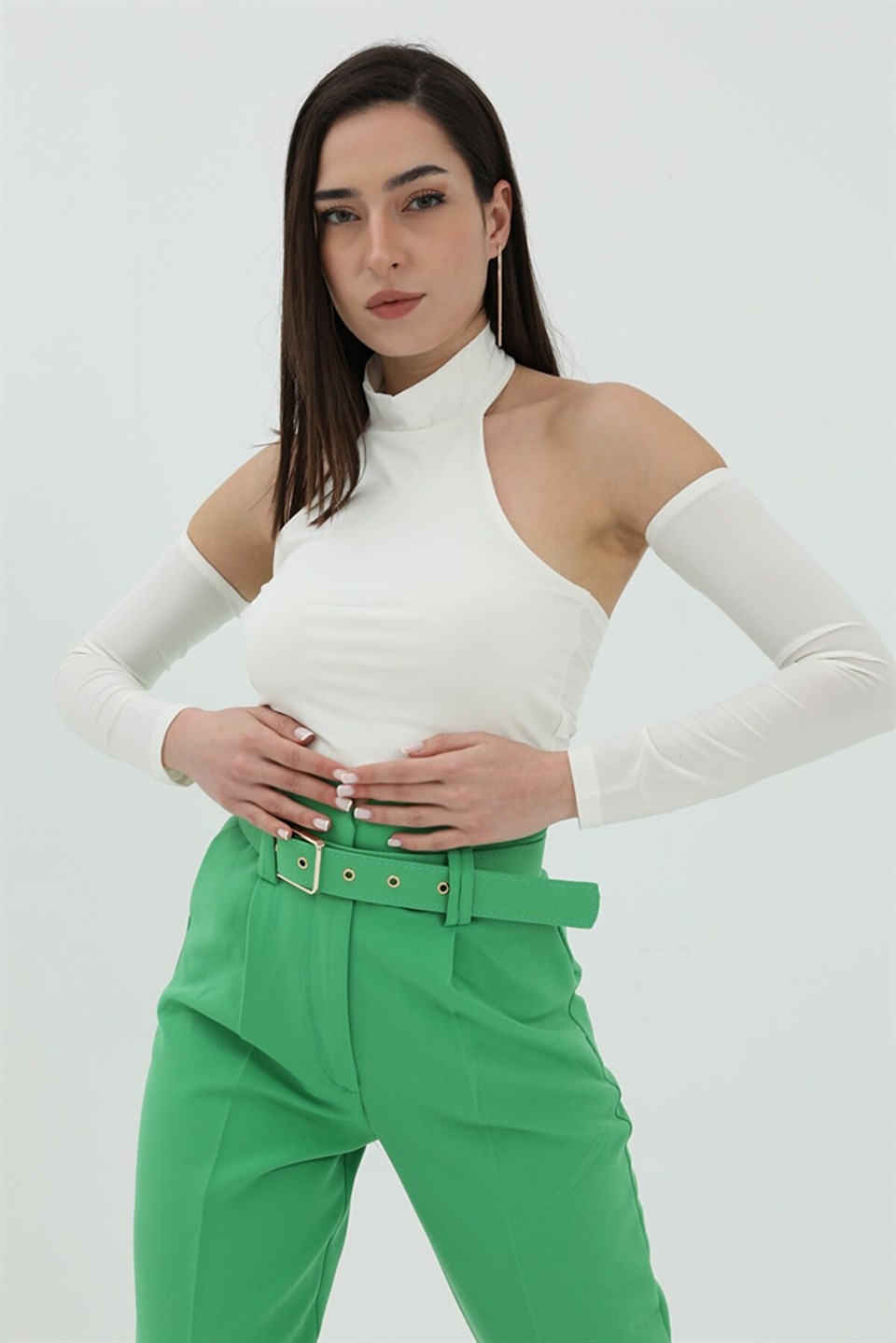 Boyun Bantlı Crop - Ekru