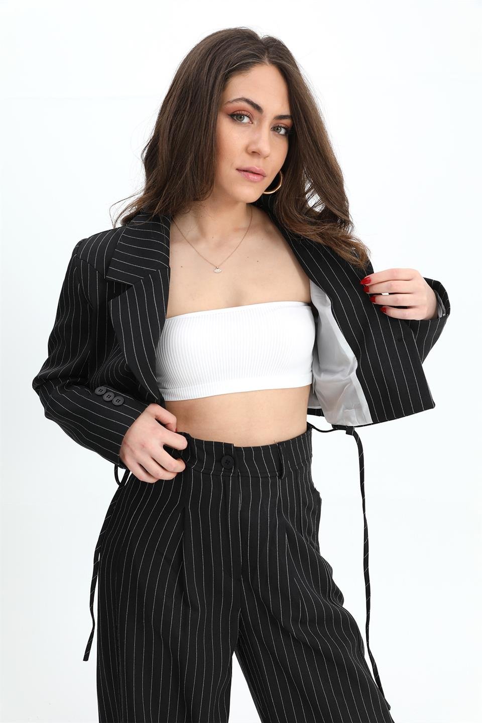 Ceket Kısa Vatkalı Fleto Cepli Çizgili - Siyah