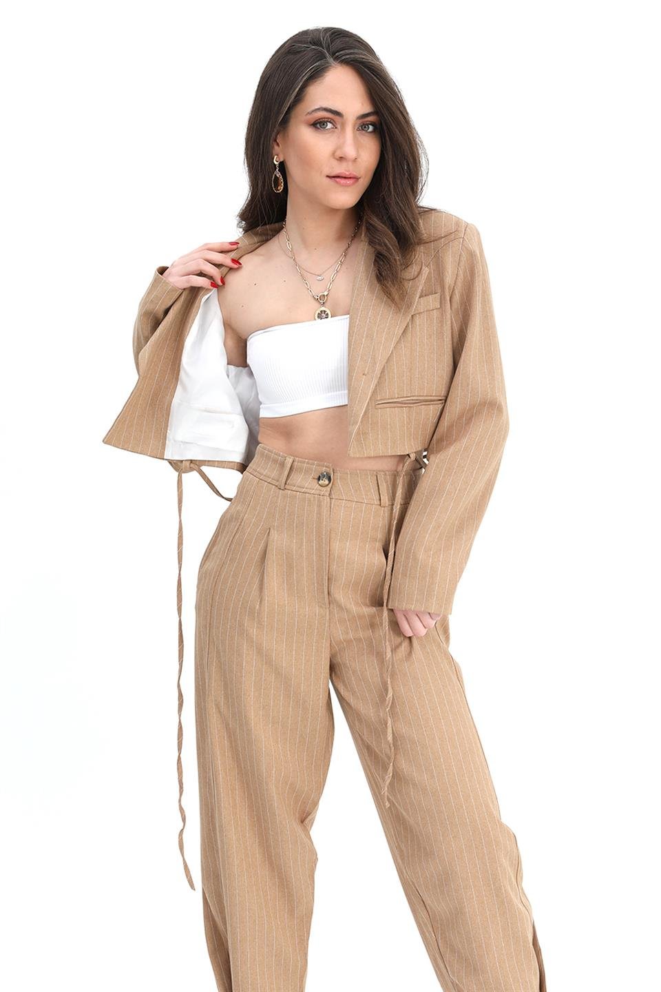 Ceket Kısa Vatkalı Fleto Cepli Çizgili - Camel