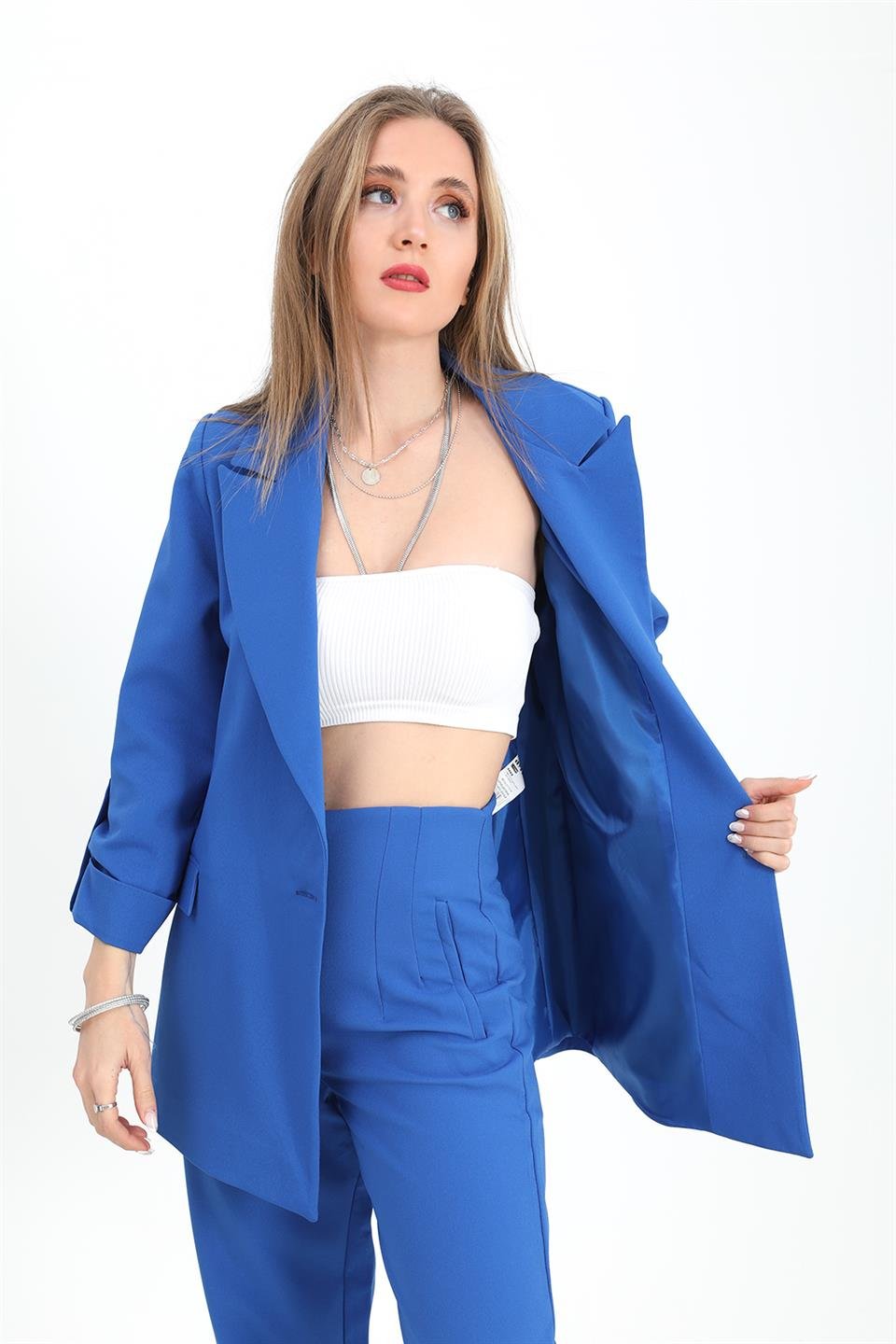 Ceket Kolu Katlamalı Atlas Kumaş - SaksMavisi