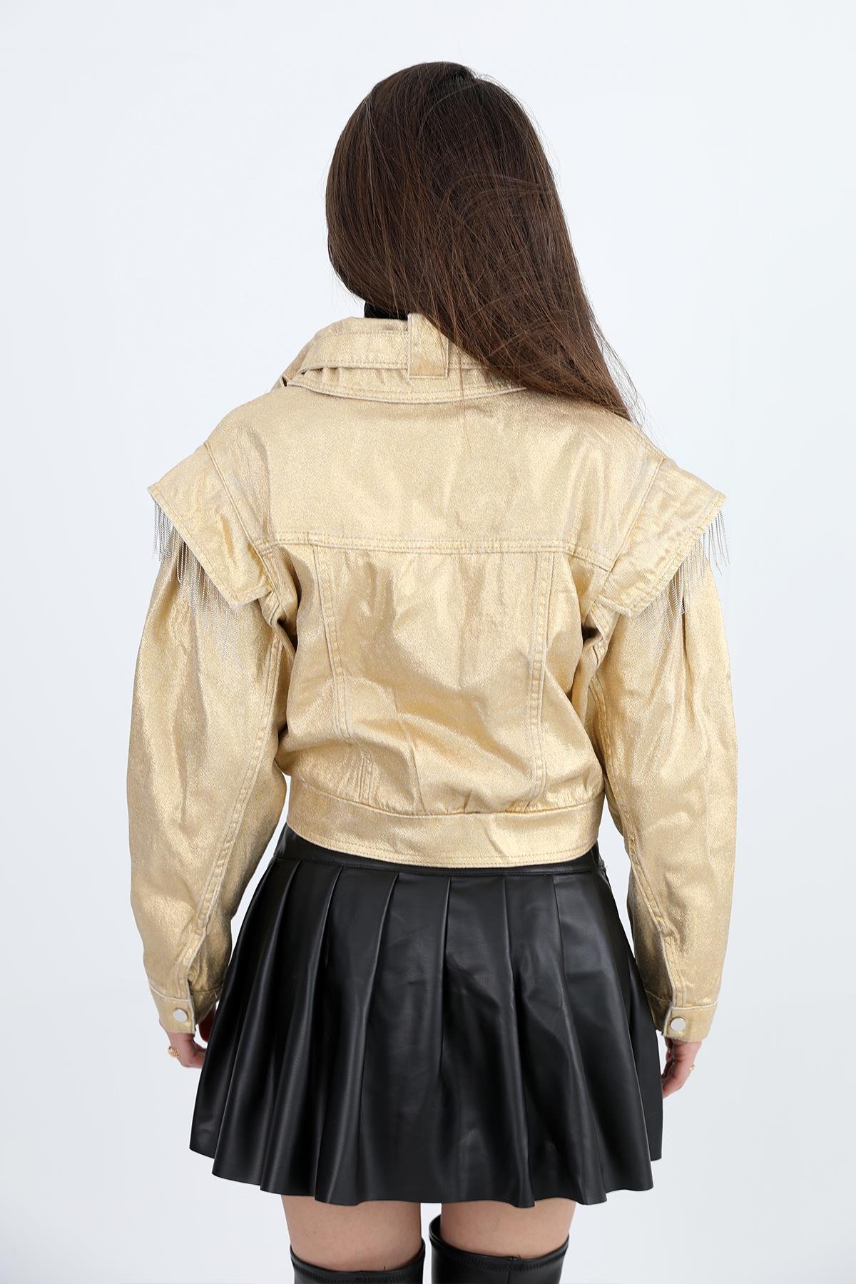 Ceket Omuzları Zincir Detaylı Kısa Simli - Gold