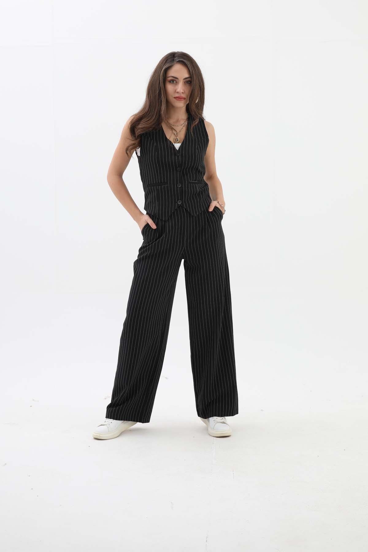 Cep Detaylı Çizgili Yelek - Siyah