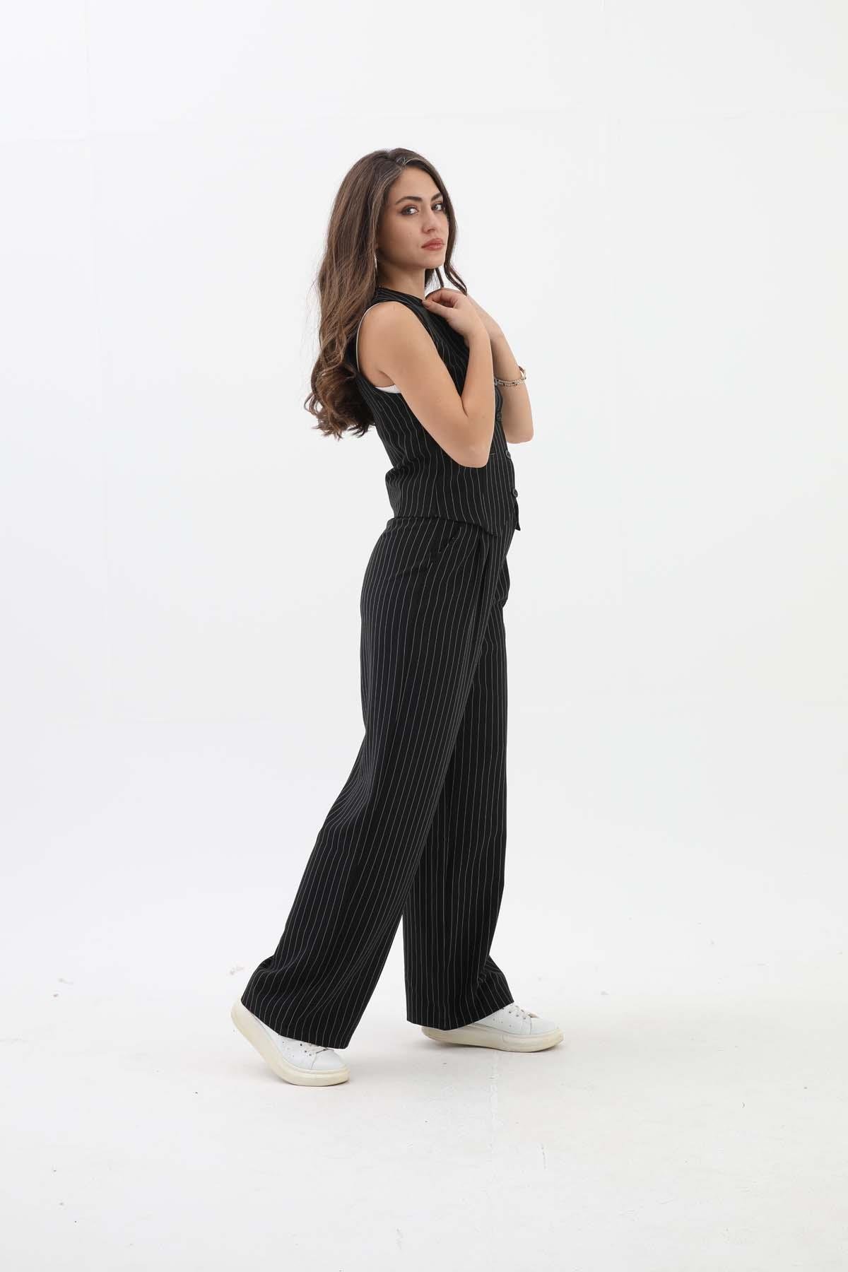 Cep Detaylı Çizgili Yelek - Siyah