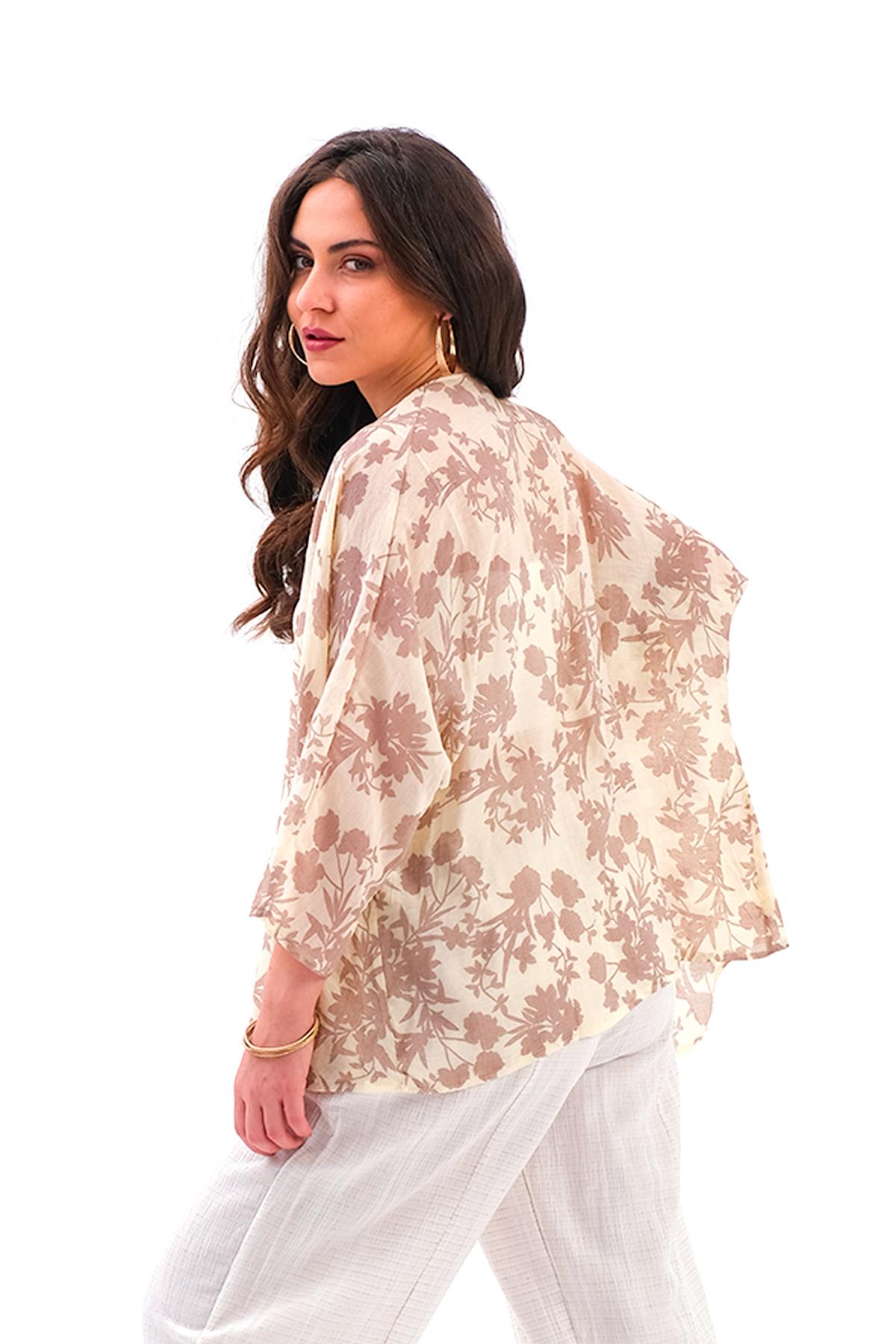 Çiçek Desenli Truvakar Kol Kimono - Kahve