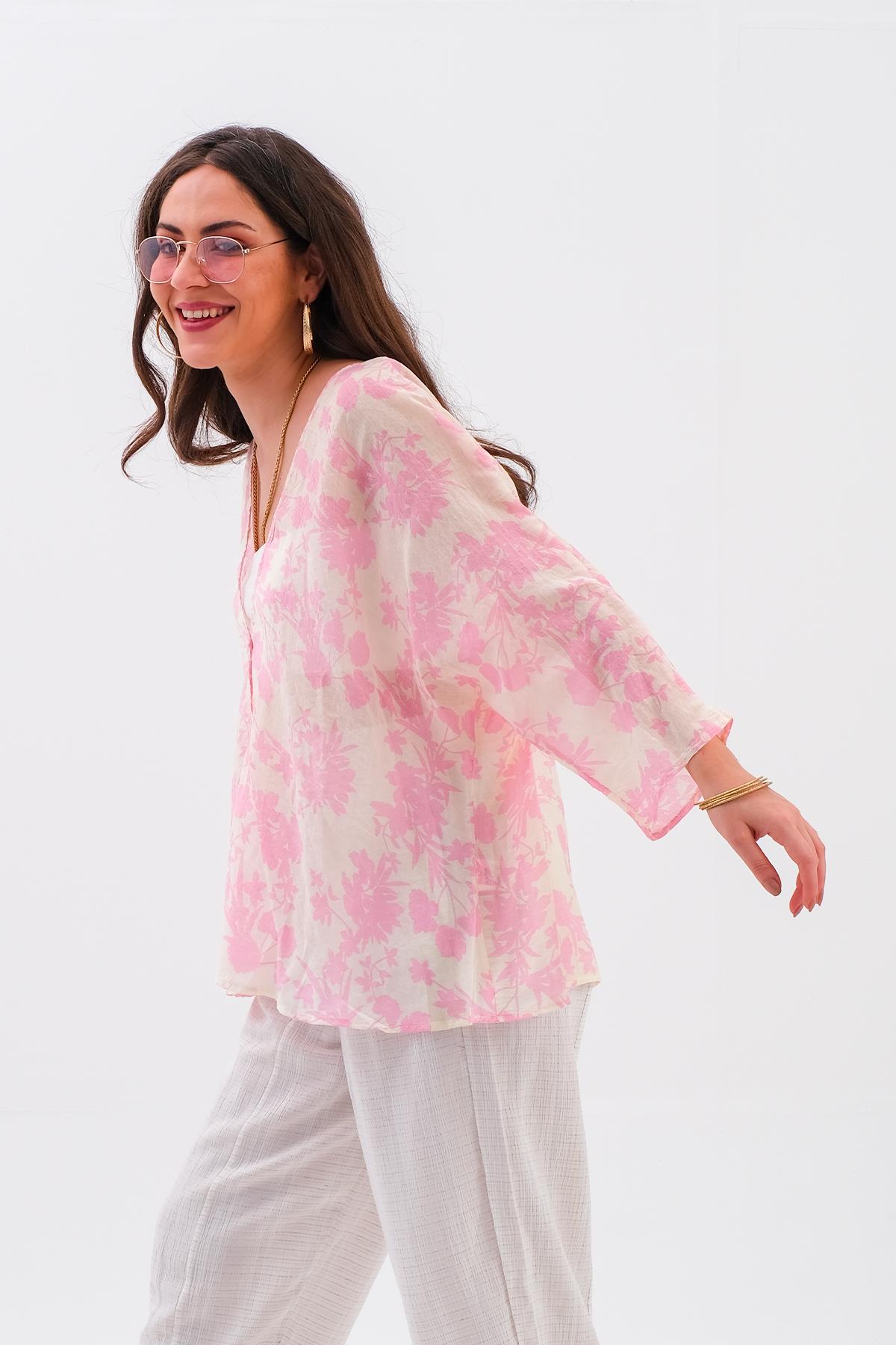 Çiçek Desenli Truvakar Kol Kimono - Pembe
