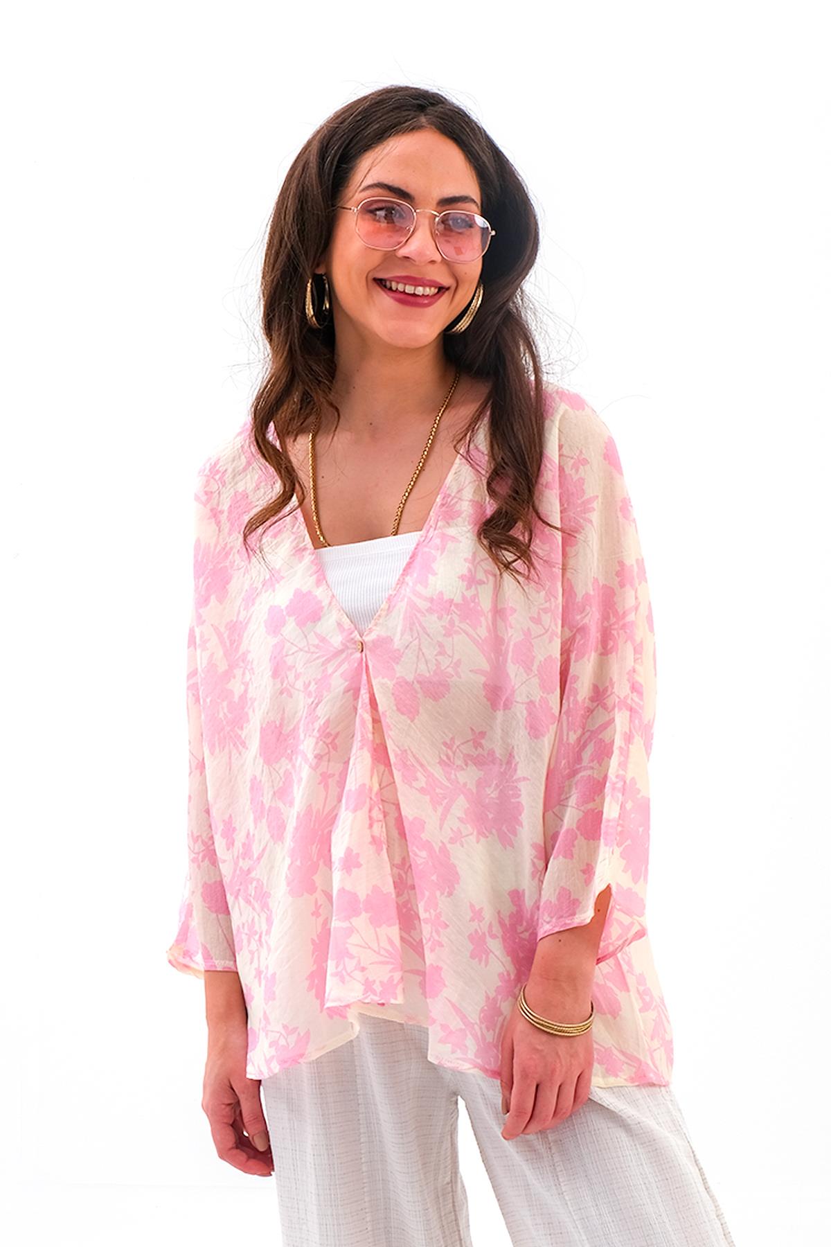 Çiçek Desenli Truvakar Kol Kimono - Pembe