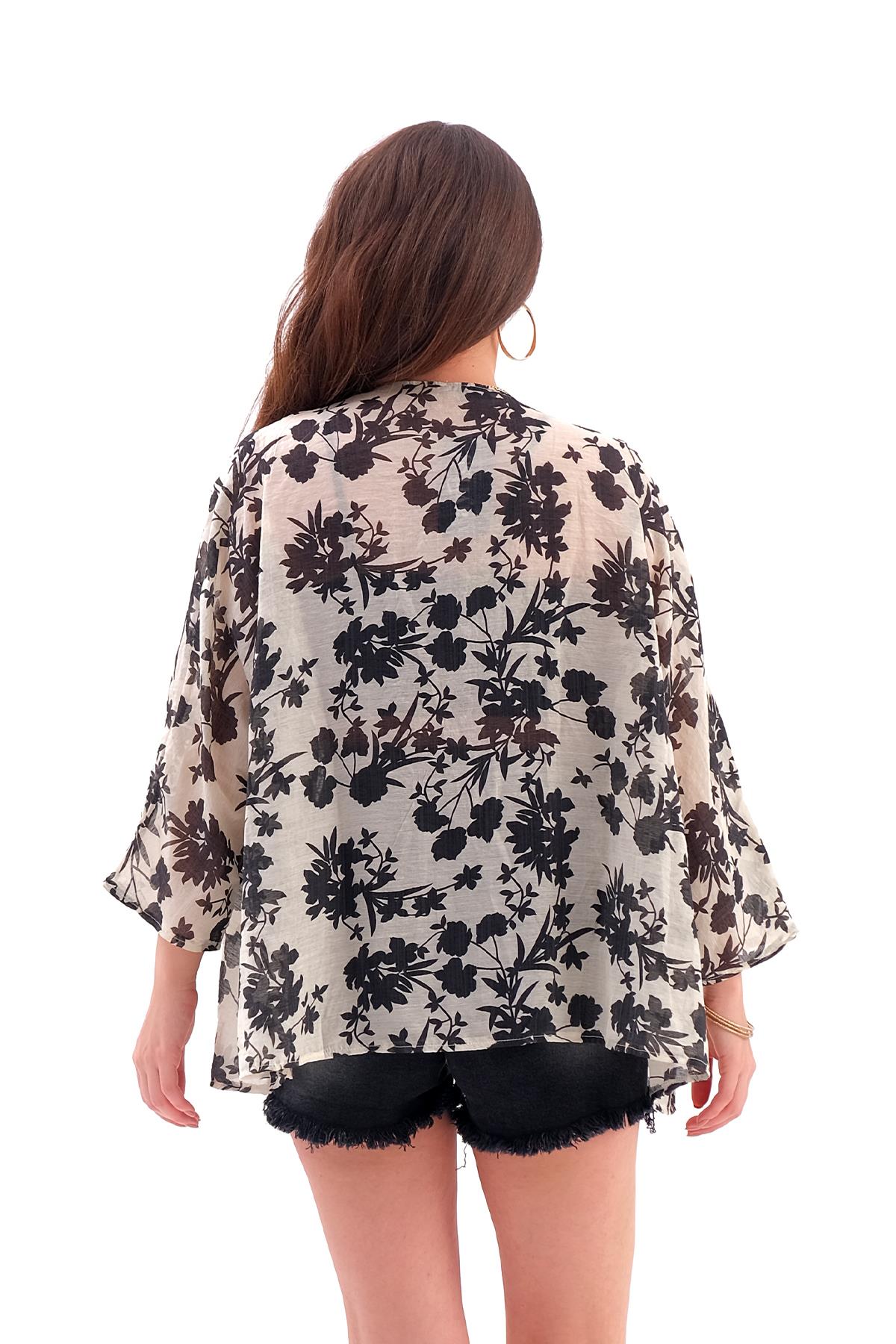 Çiçek Desenli Truvakar Kol Kimono - Siyah