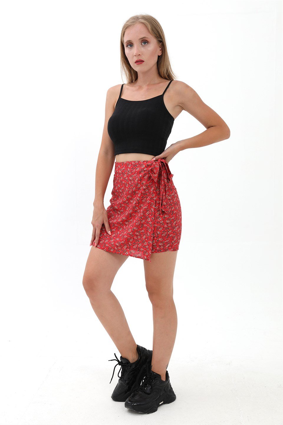 Çiçek Desenli Yandan Bağlamalı Etek - Kırmızı