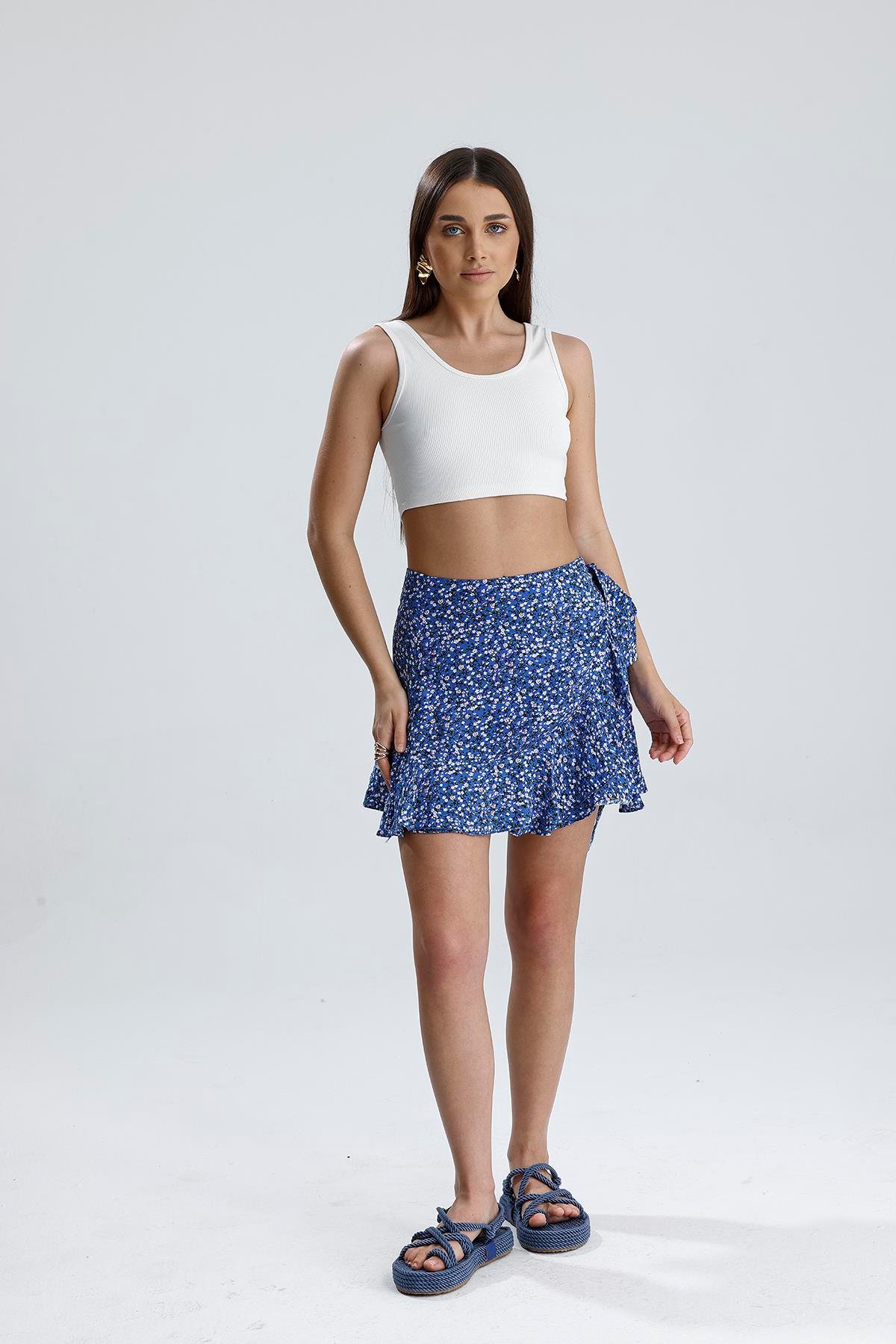 Çiçek Desenli Yandan Bağlamalı Etek - Mavi