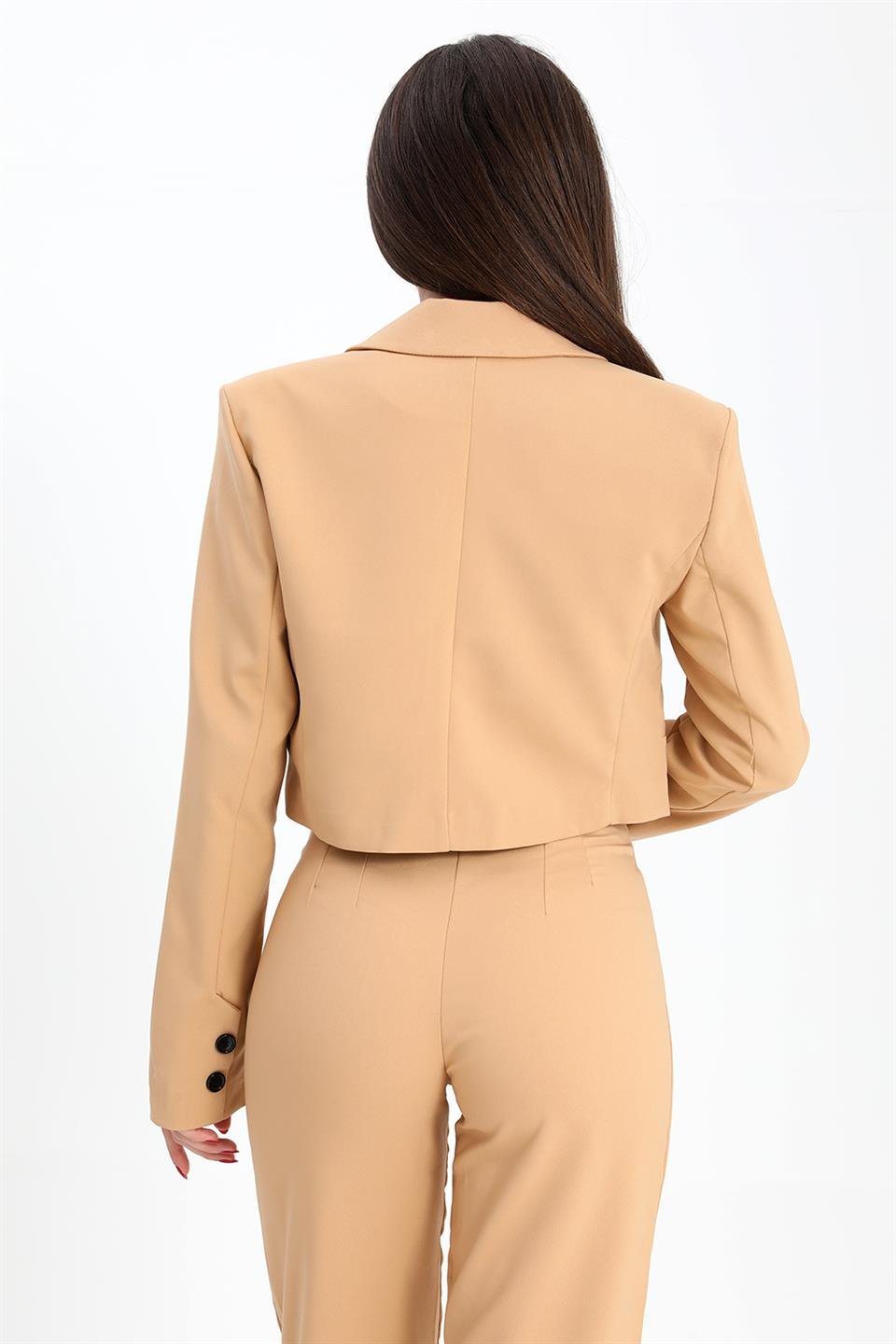 Çift Peto Cepli Kısa Crop Blazer Ceket - Camel
