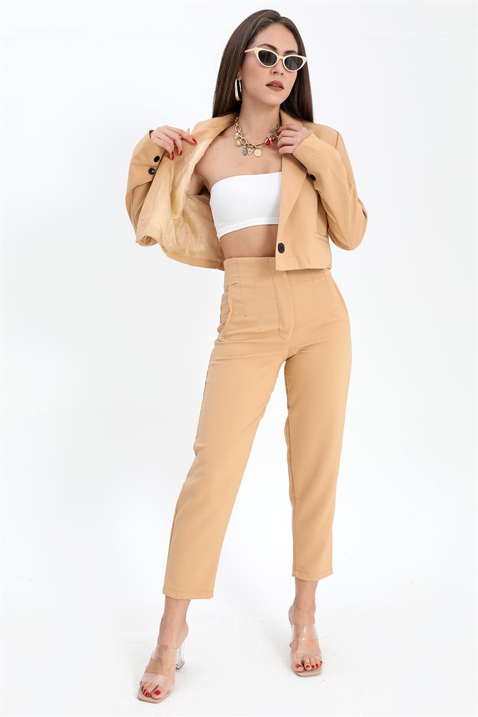 Çift Peto Cepli Kısa Crop Blazer Ceket - Camel