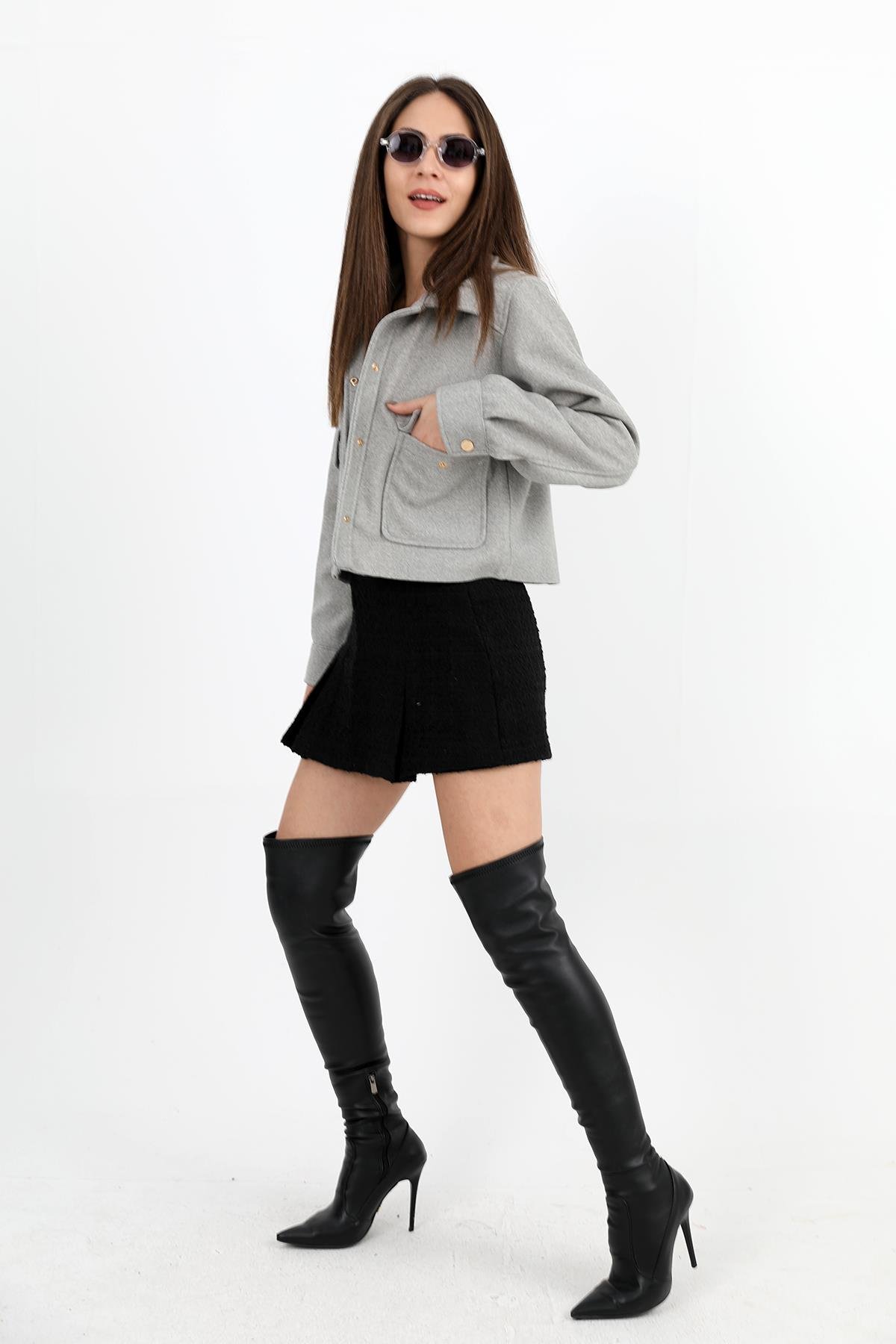 Çıtçıtlı Melanjlı Kısa Ceket - Gri
