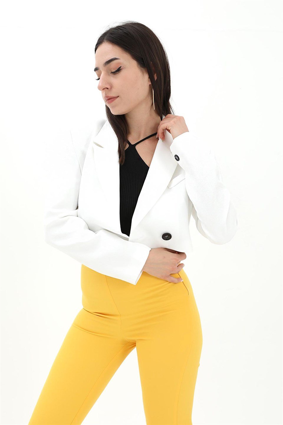 Crop Blazer Kısa Ceket - Ekru