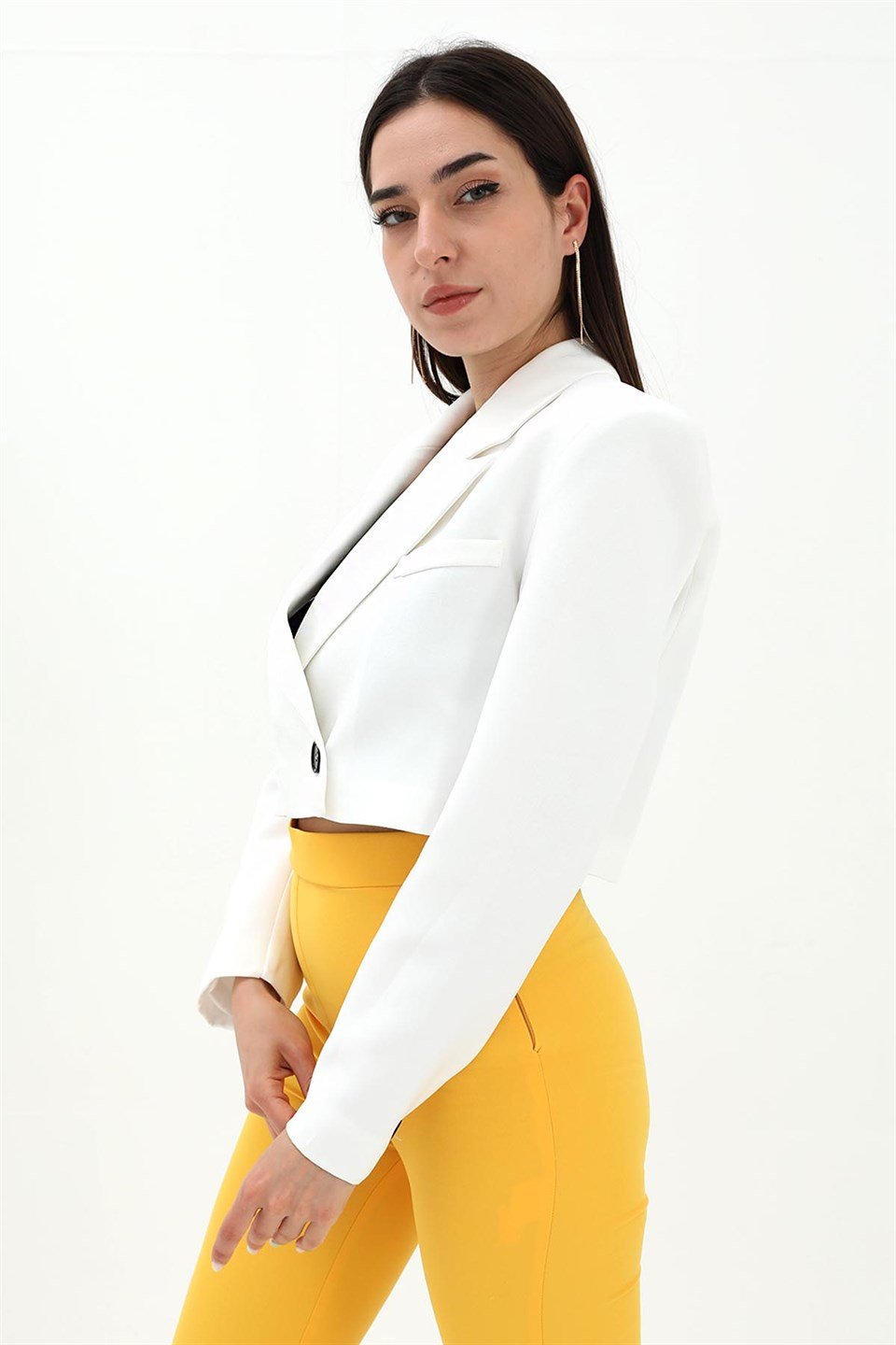 Crop Blazer Kısa Ceket - Ekru