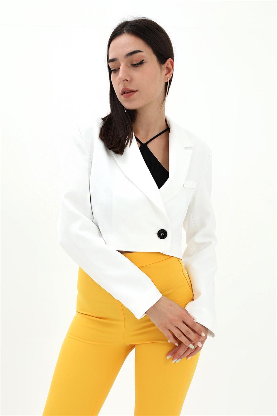 Crop Blazer Kısa Ceket - Ekru