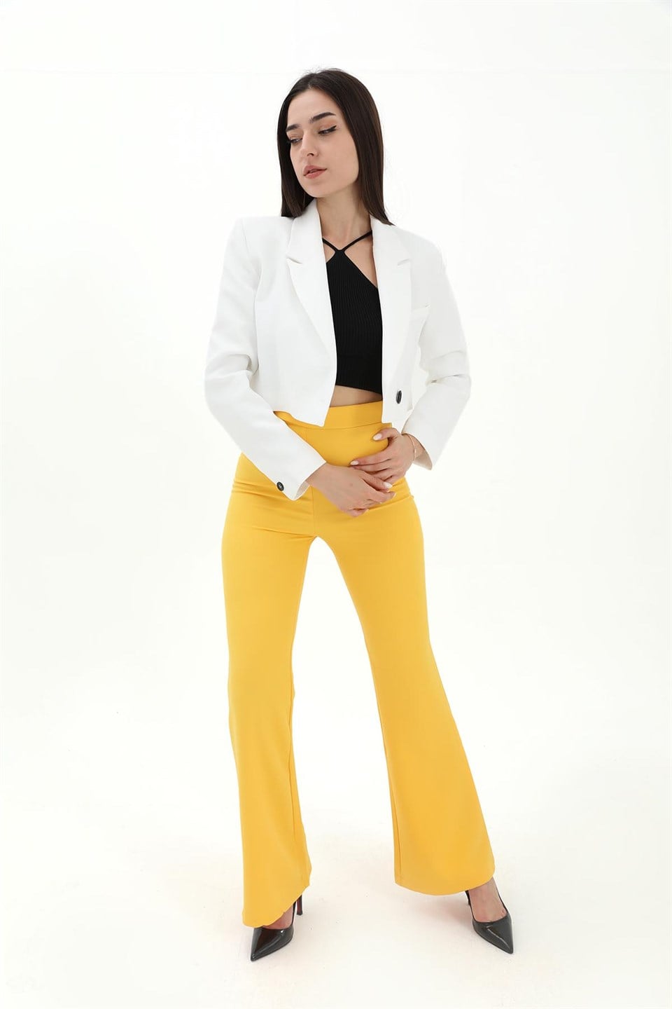 Crop Blazer Kısa Ceket - Ekru